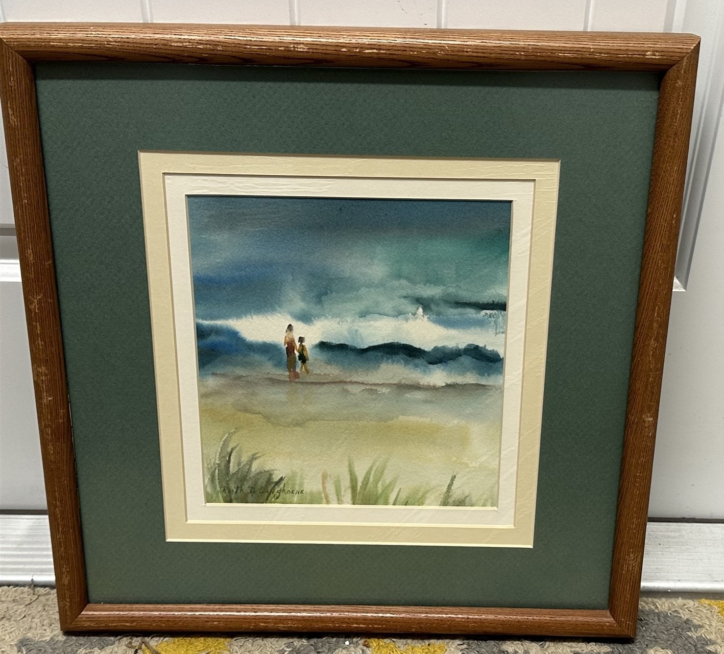 Vintage Watercolor Painting Ocean Beach Waves Family Ruth D. Langhorne Framed