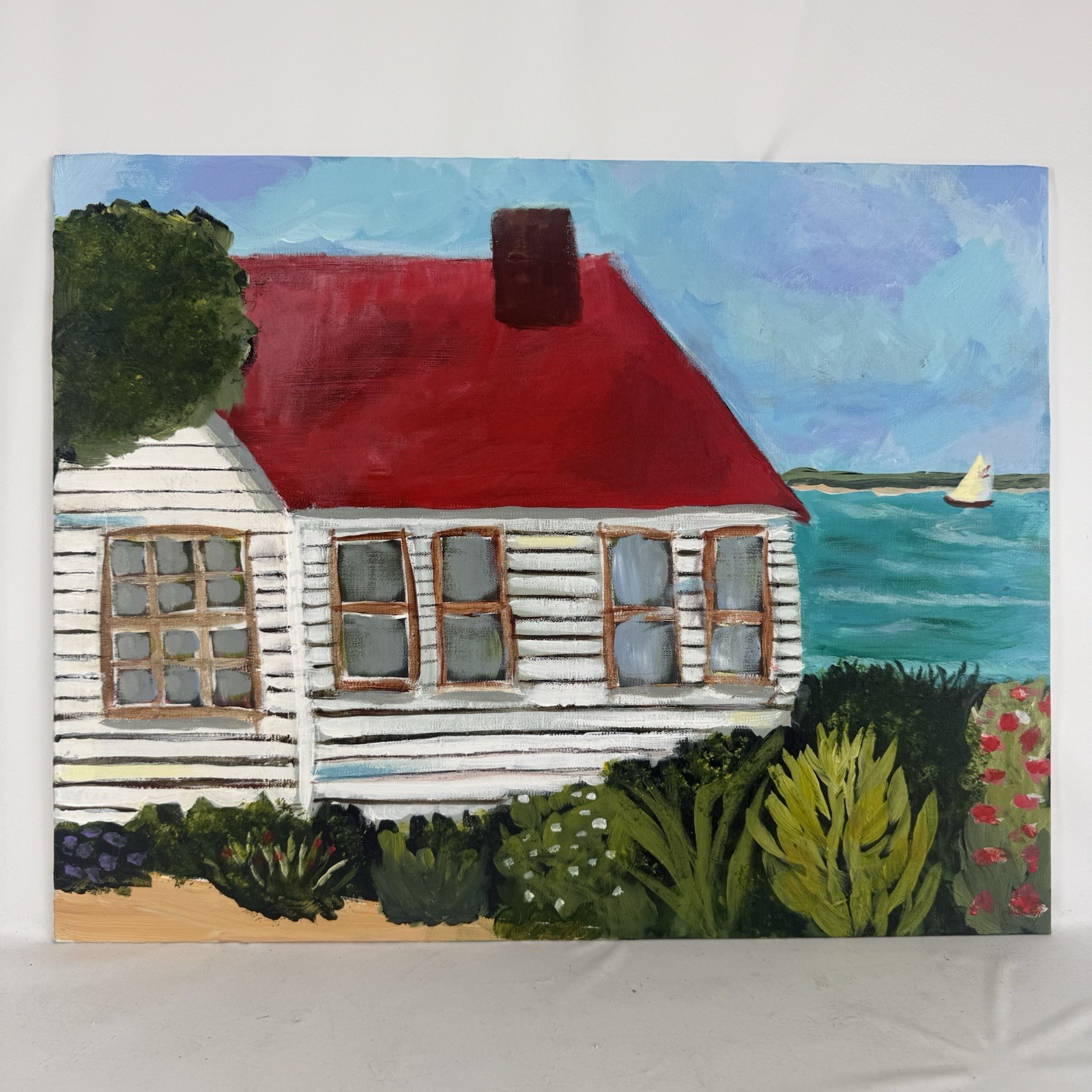 Original Art Beach House Ocean Landscape Painting Acrylic Colorful 14” x 18”