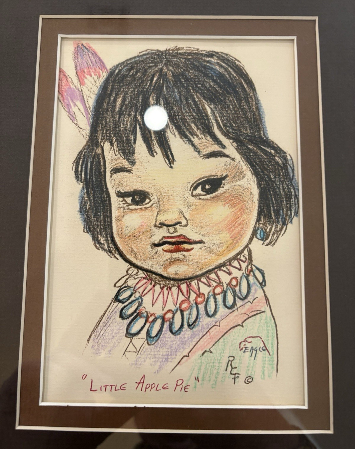 Little Apple Pie Portrait Painting on Paper Native American Girl Matted & Framed