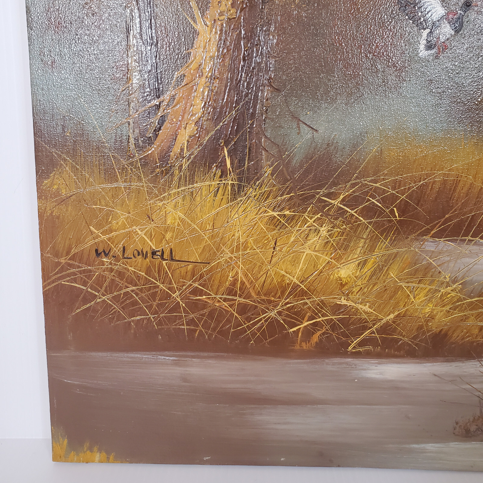 W. Lovell Signed Oil Canvas 24×20 Vtg Painting Ducks in Flight Landing Marsh