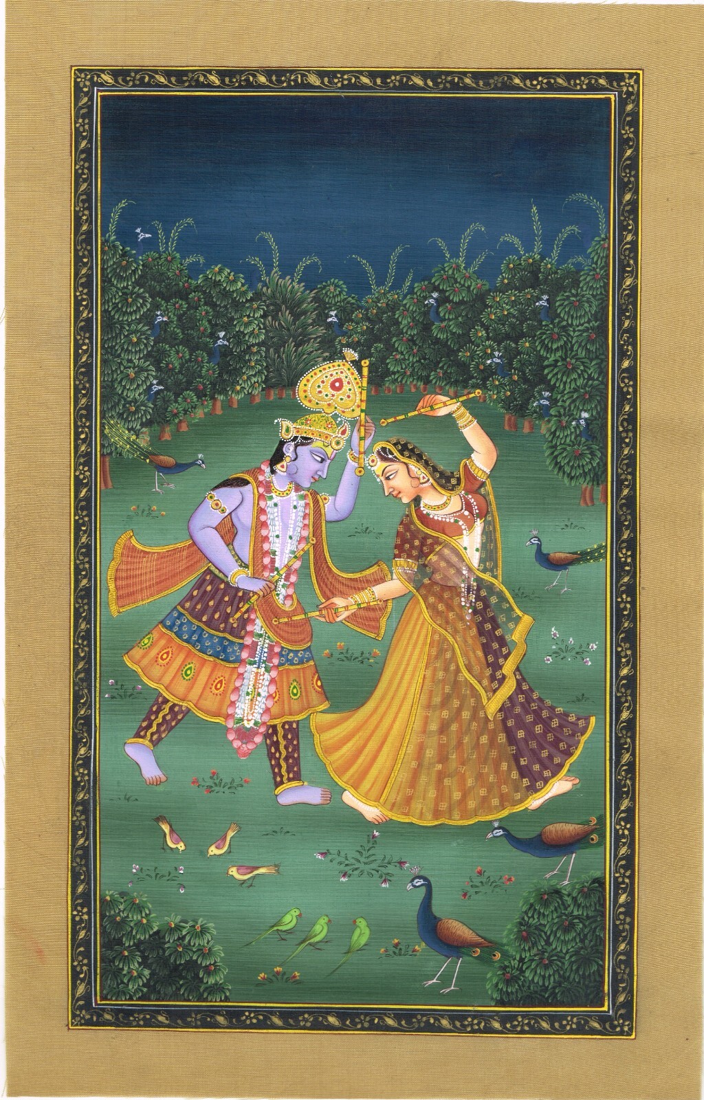Religious Painting Of Lord Krishna And Goddess Radha Dancing Art 7×11 Inches