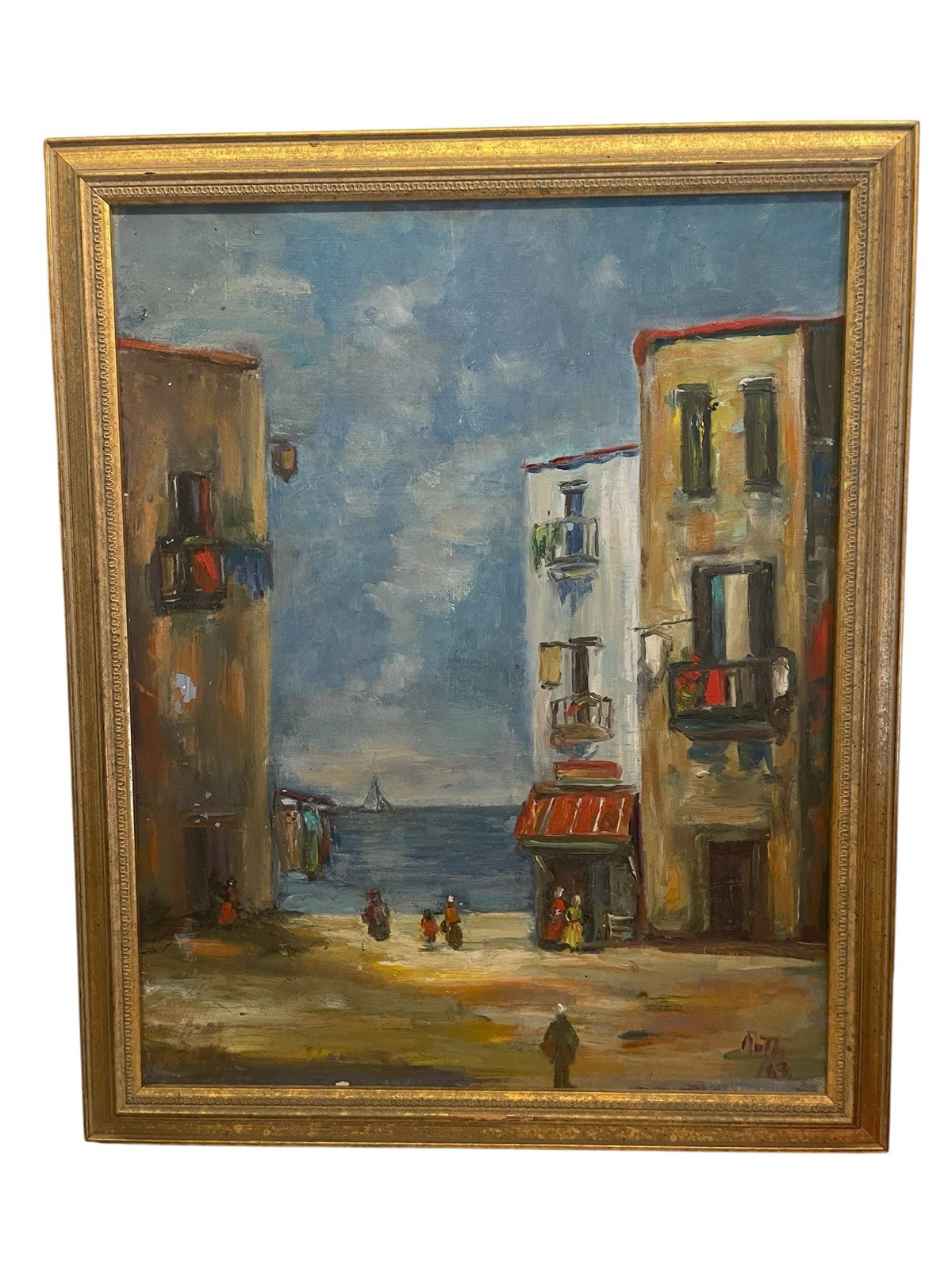 Vintage 1963 Original Oil Painting On Canvas Harbor Sea Life Frames Signed 22×18