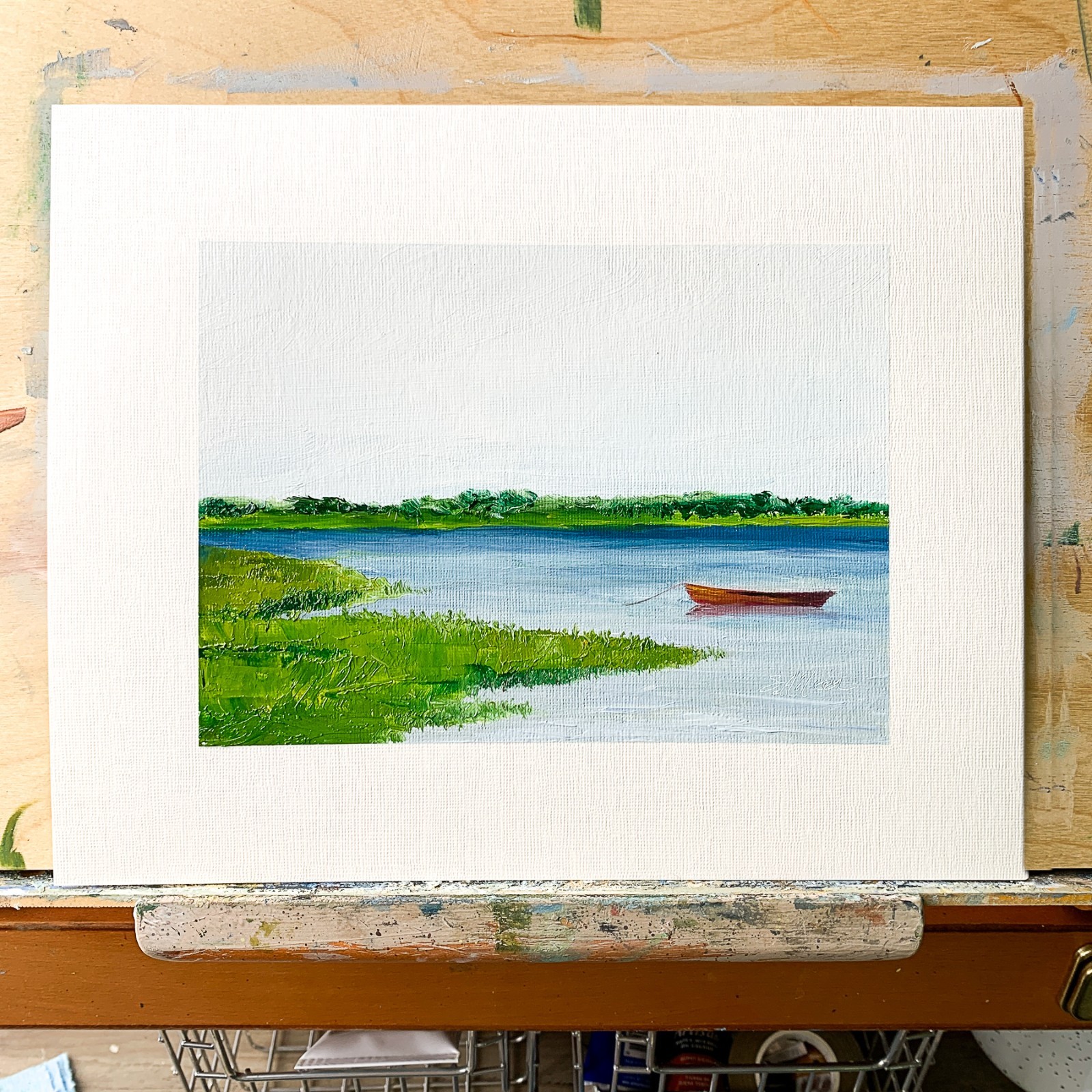 8×10 Maine Original Oil Painting Rowboat Calm Water Coastal Peaceful Art Signed