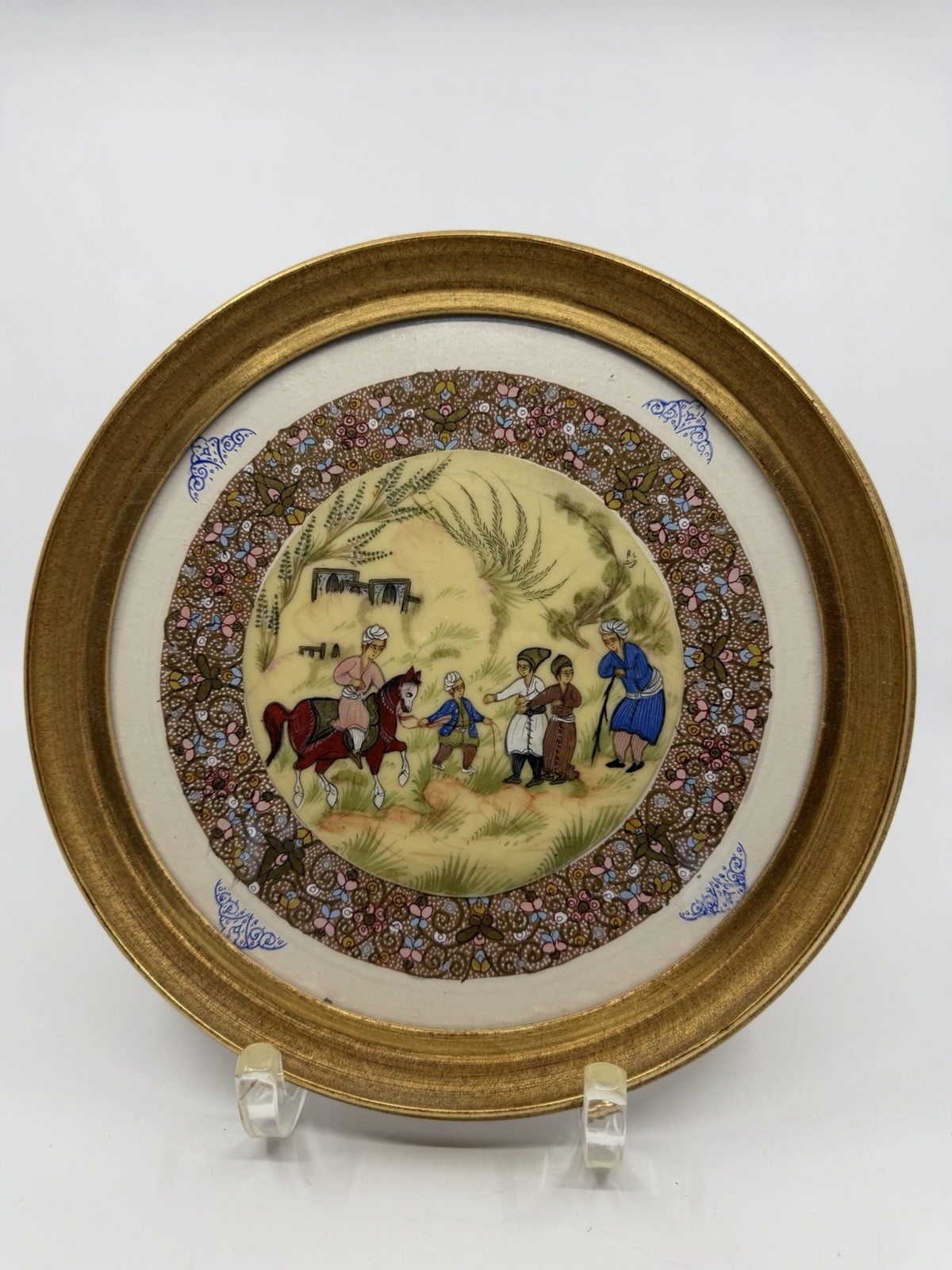 Vintage Persian Miniature Painting Round Gold Frame Floral Border W Figures 9.5”
