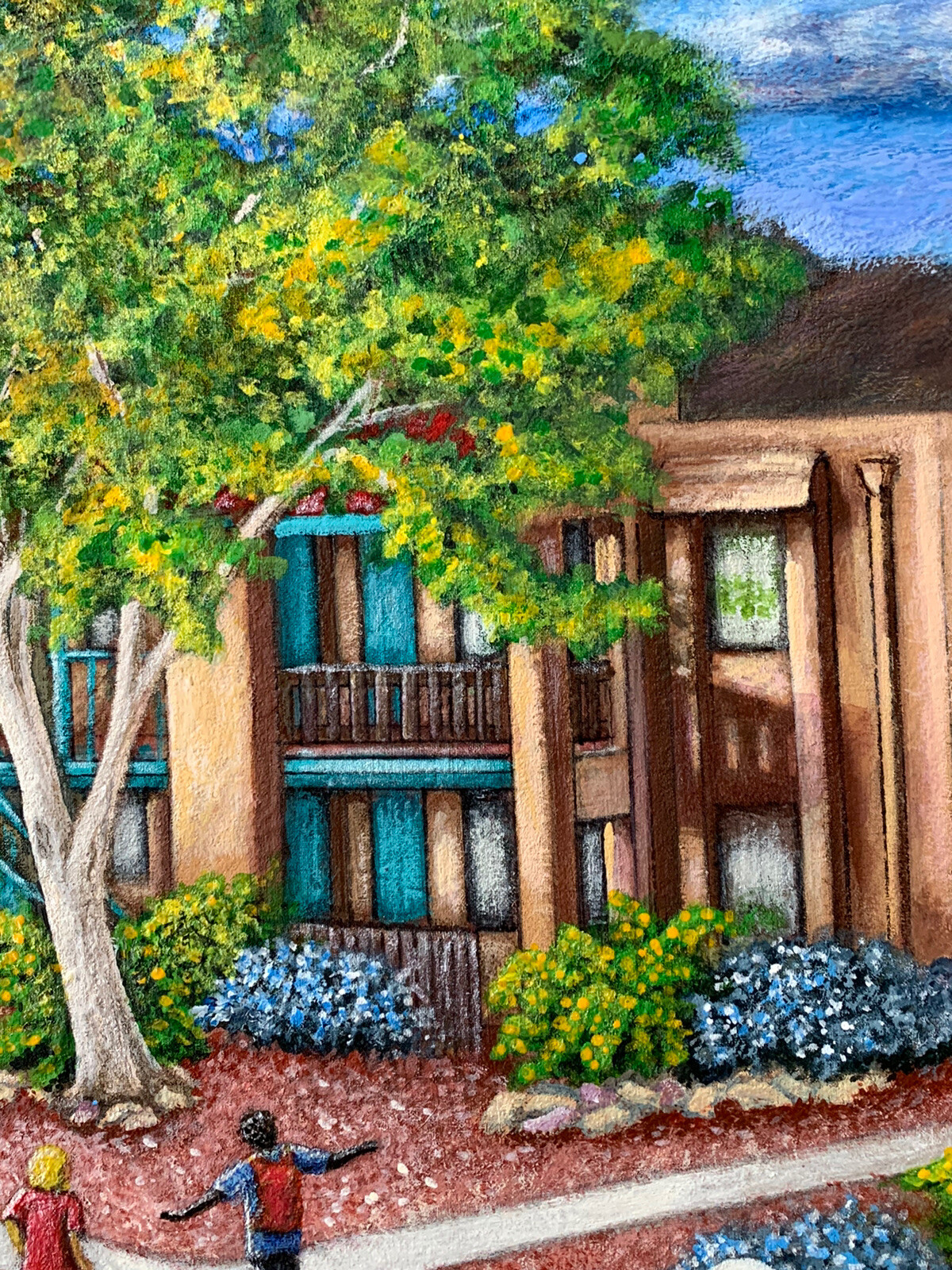 Original Painting Apartment Complex Architecture Kids Playing Vtg By Gallagher ?