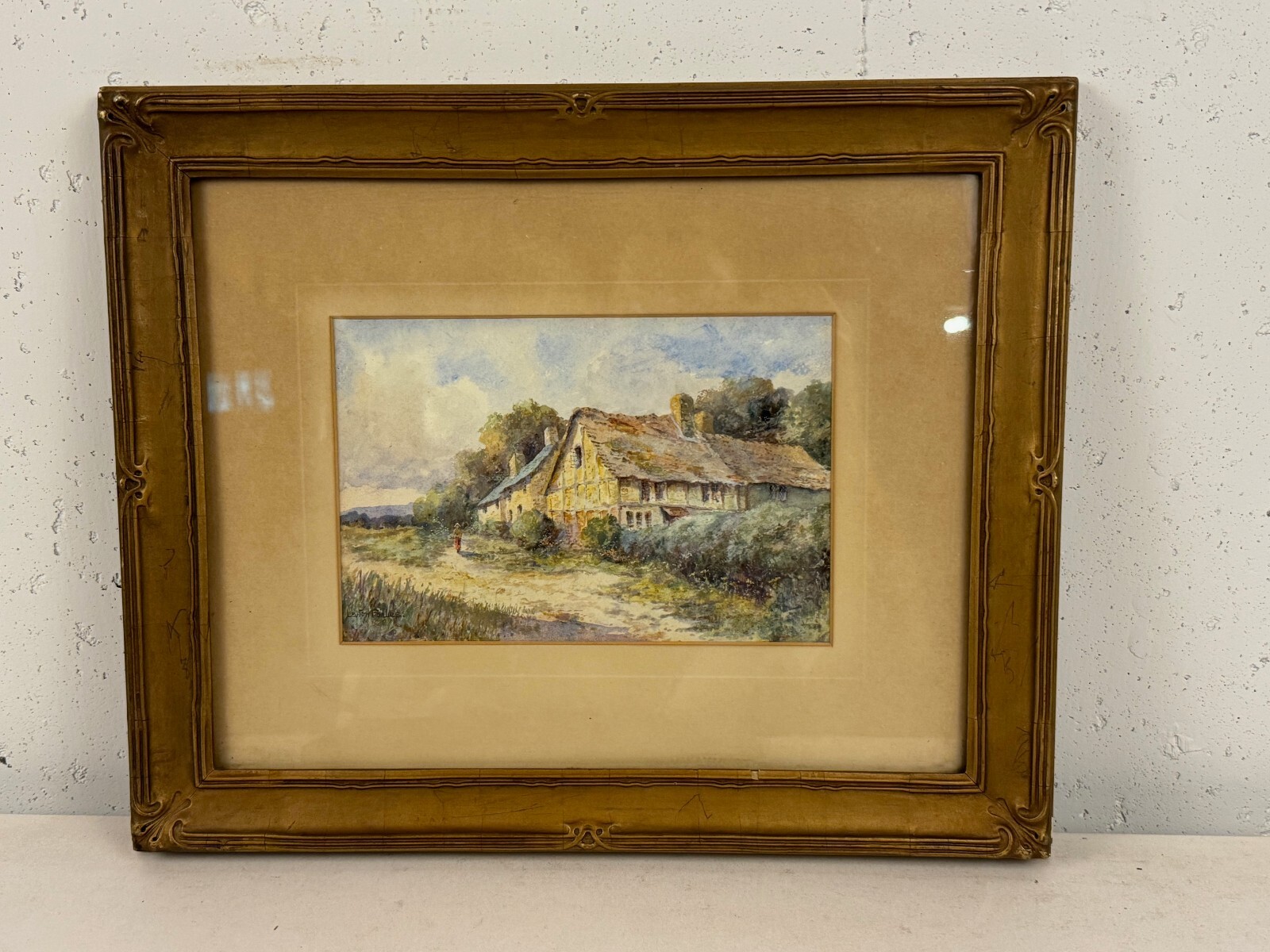 Antique Leyton Forbes Signed Watercolor Painting Woman Figure Building / Cottage