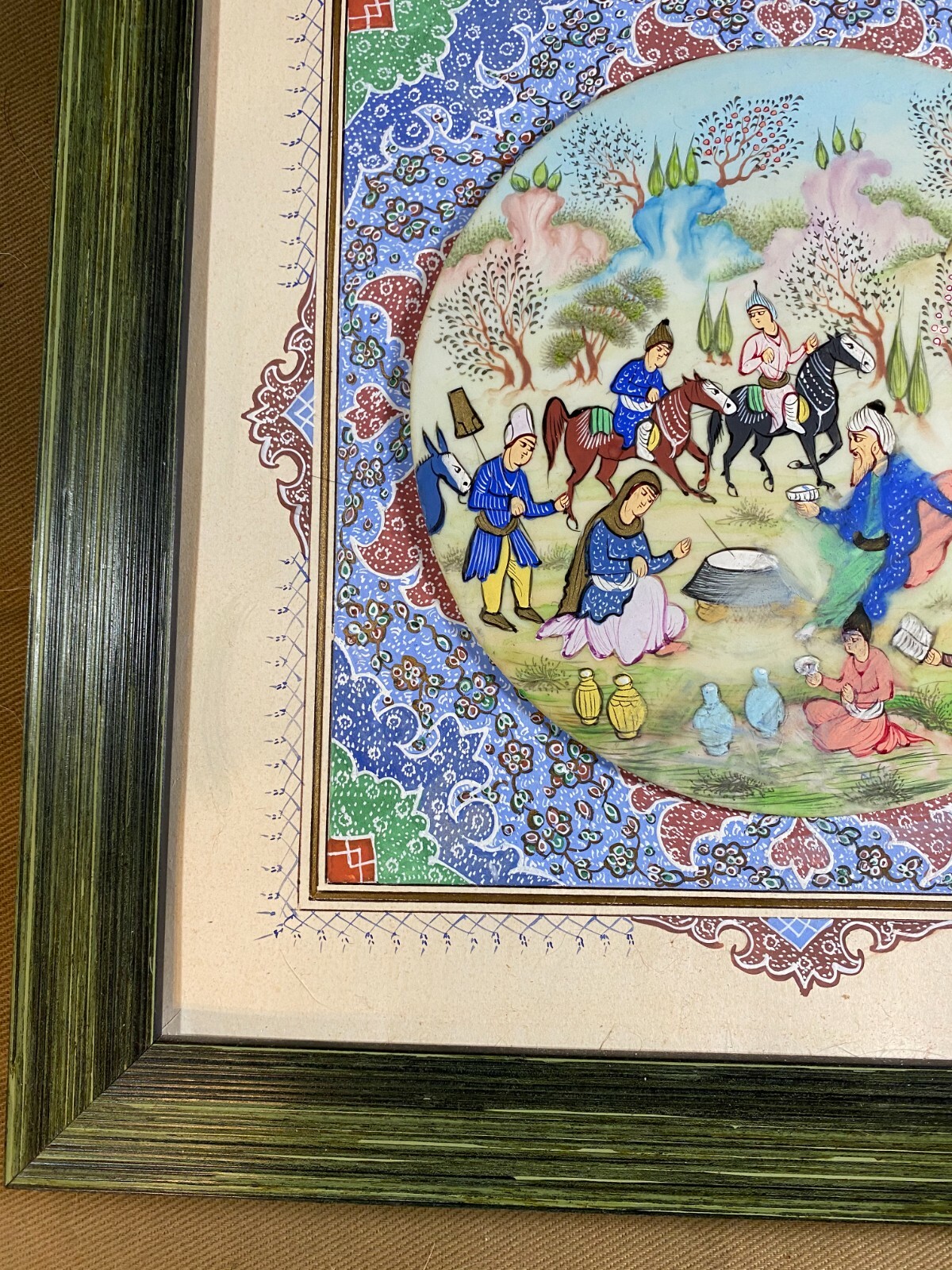 «Persian Figures Scene» Gouache On Bone & Paper Painting With Decorated Matte