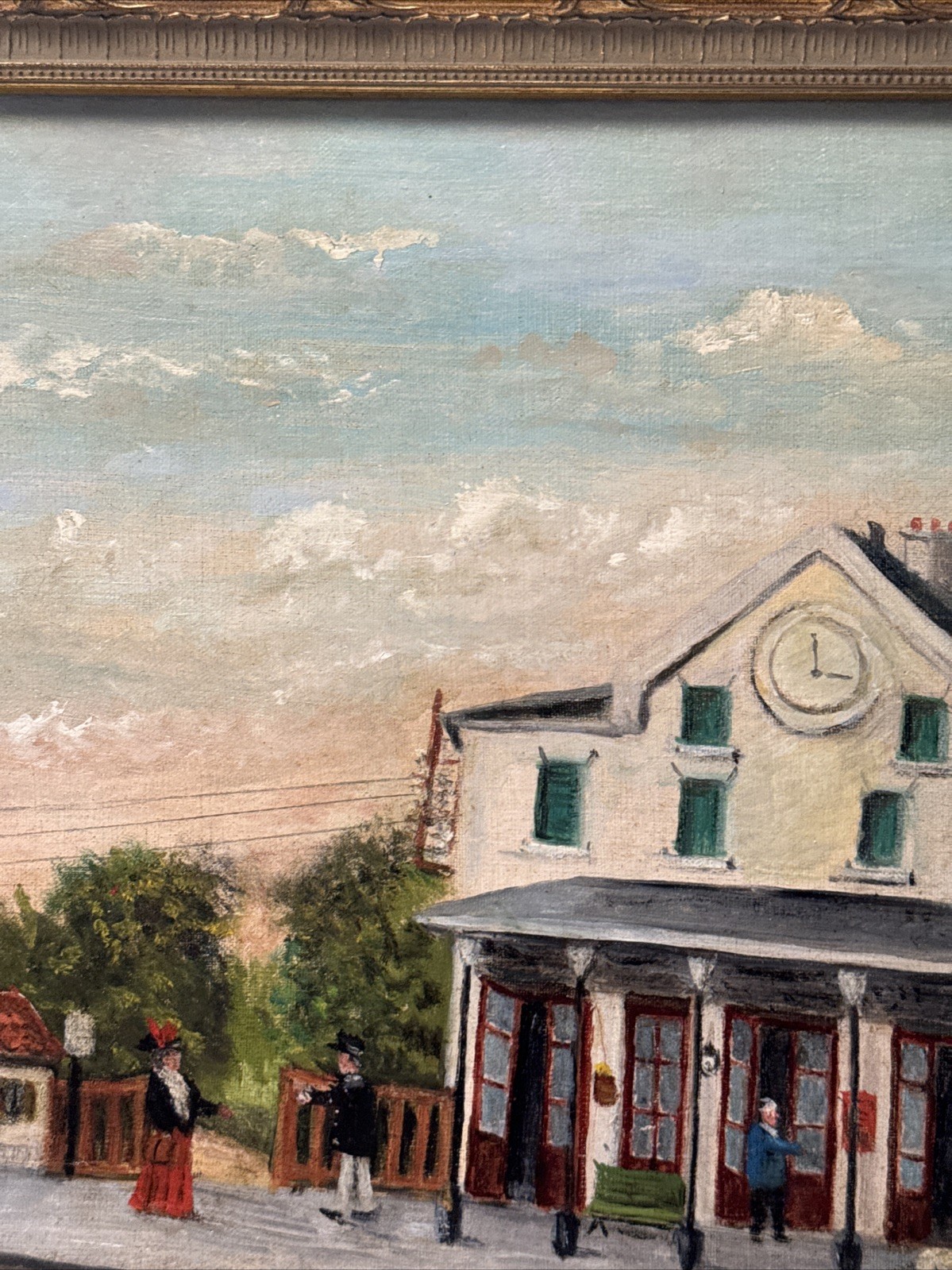 Antique Train Station Painting Railroad People Folk Naive Primitive Signed Oil