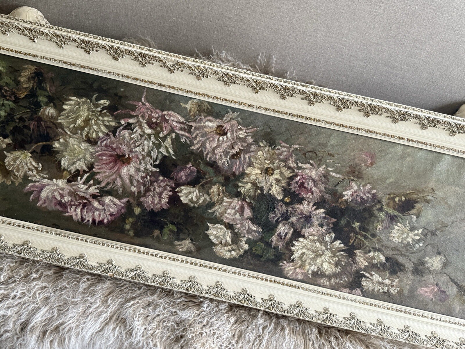 Fine Large Antique Victorian Period Oil On Canvas Painting Chrysanthemums