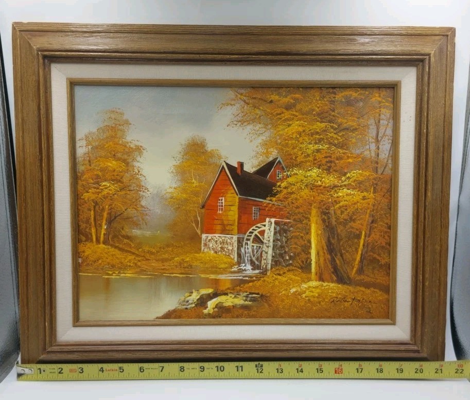 Vintage MCM Original Robert Moore Oil Painting of Old Mill in Autumn – Framed