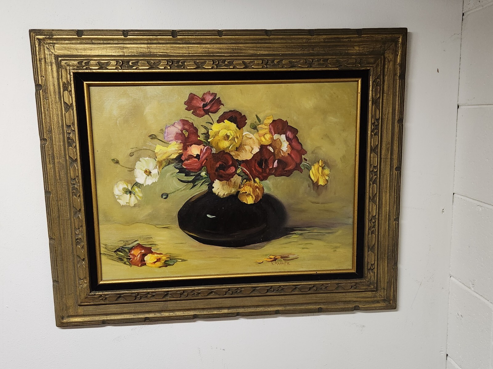 Oil Painting Flowers In Vase Framed Canvas 27 x 33 Stil Life Signed Raddatz Vtg