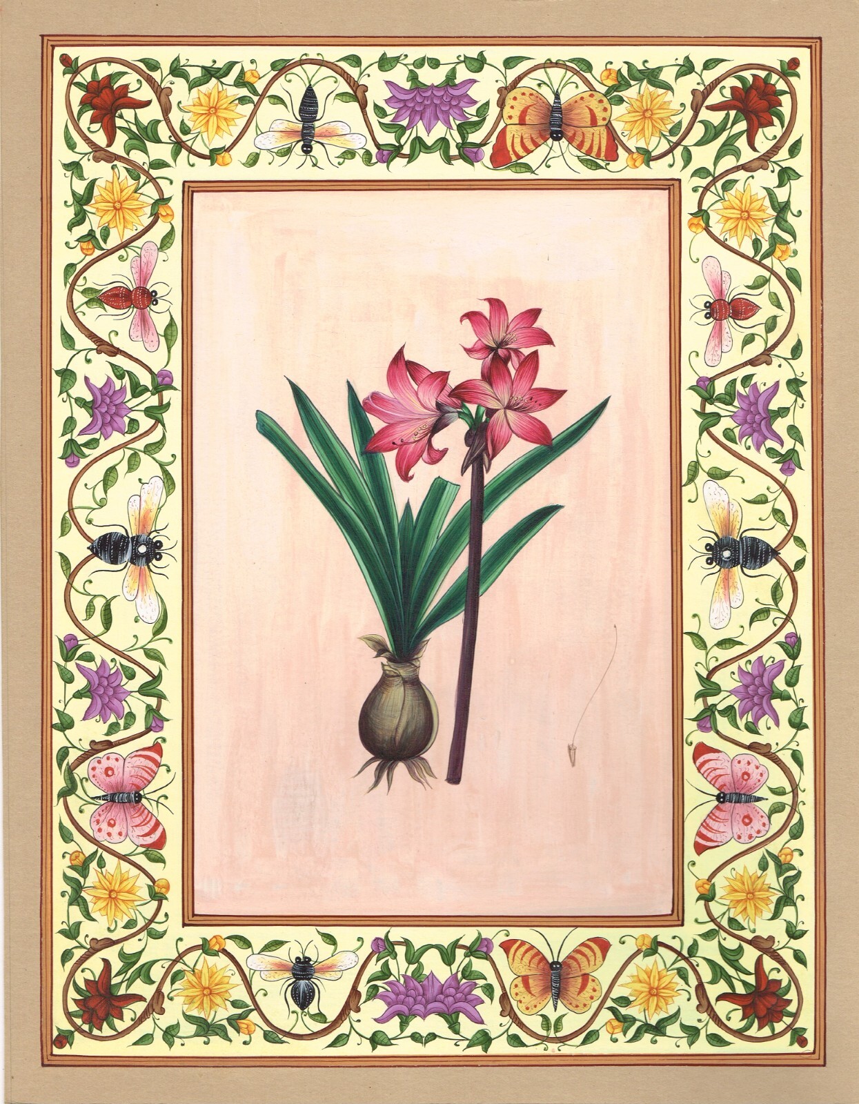 Belladonna Lily Floral Flower Painting Hand Miniature Folk Art 10.5×13.5 Inches