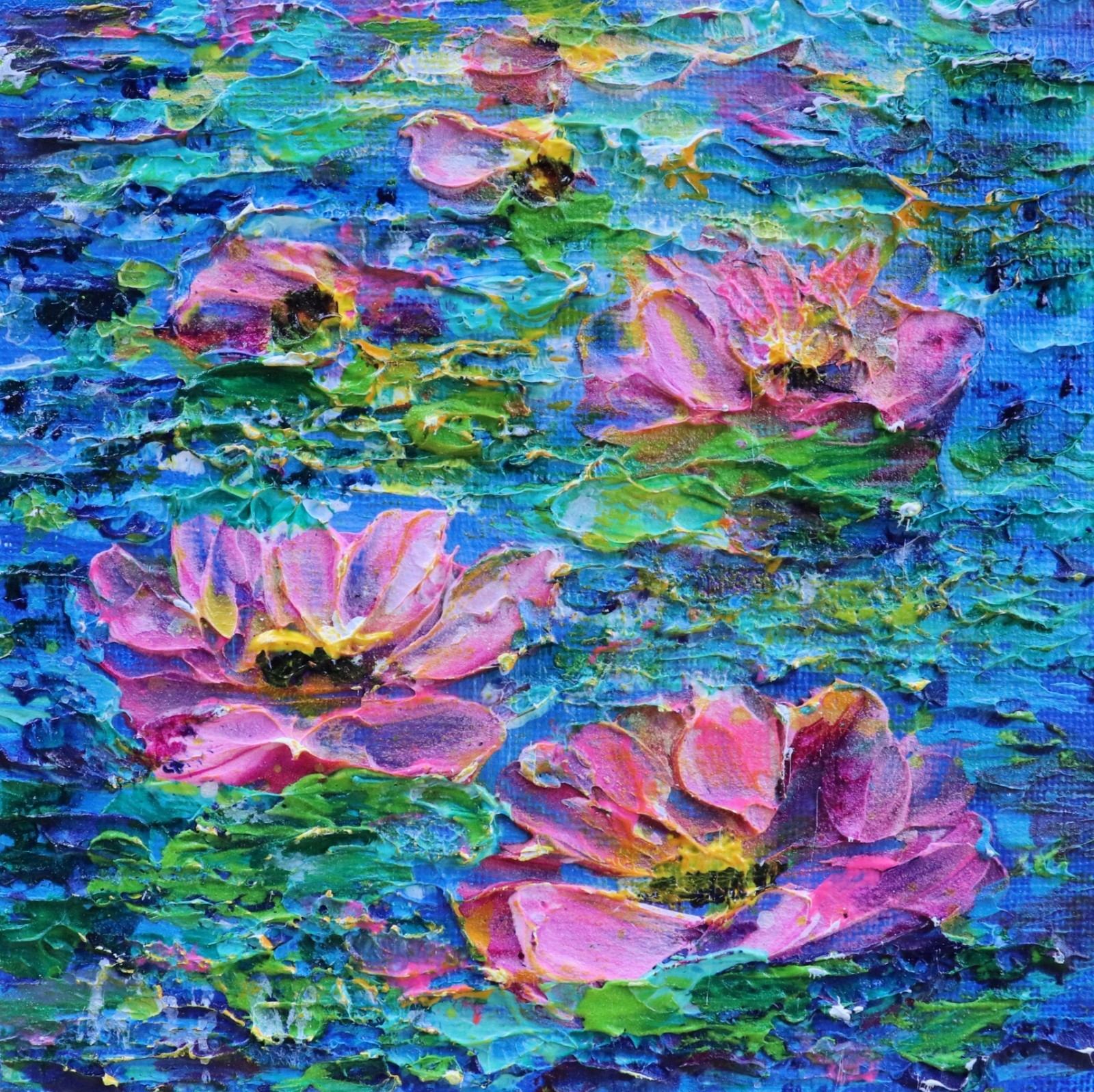 Pink Water Lilies Original Painting 5×5 Textured Floral Pond Art Impasto