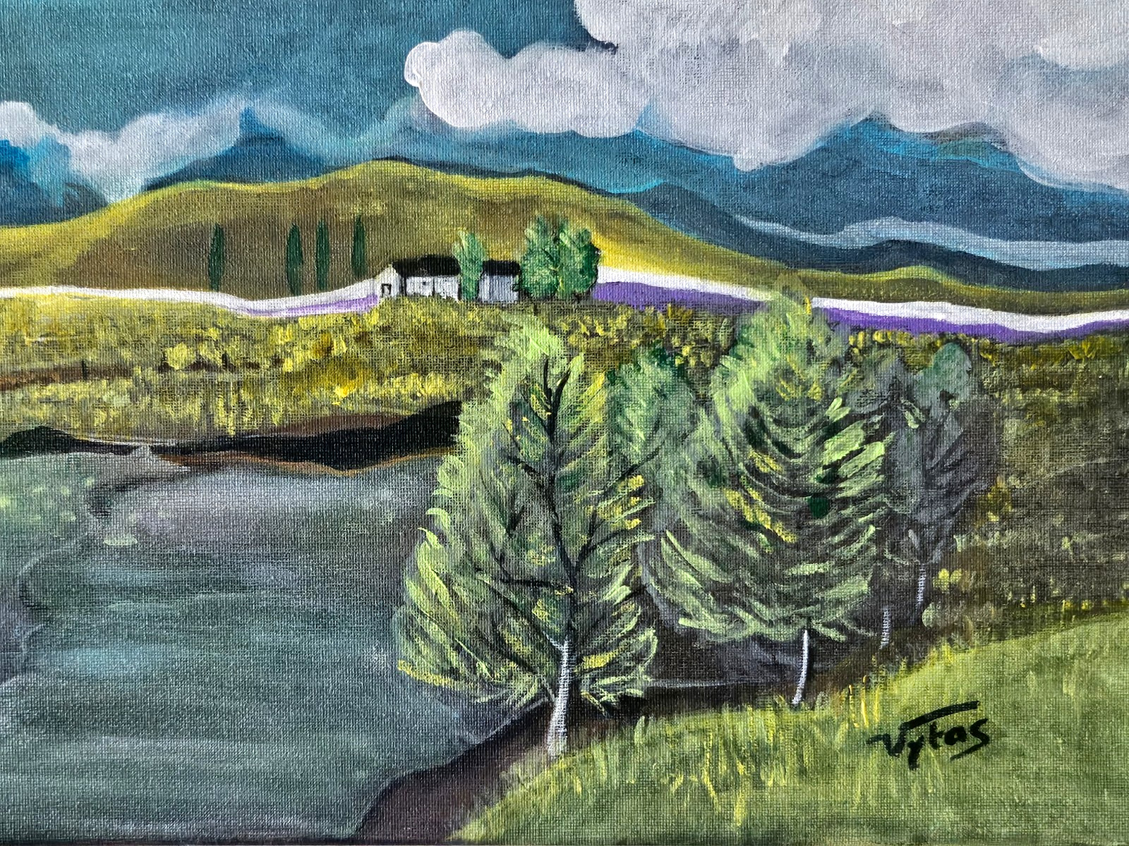 In Peace Landscape Pond Original Acrylic Painting Canvas Signed Vytas 36x12in