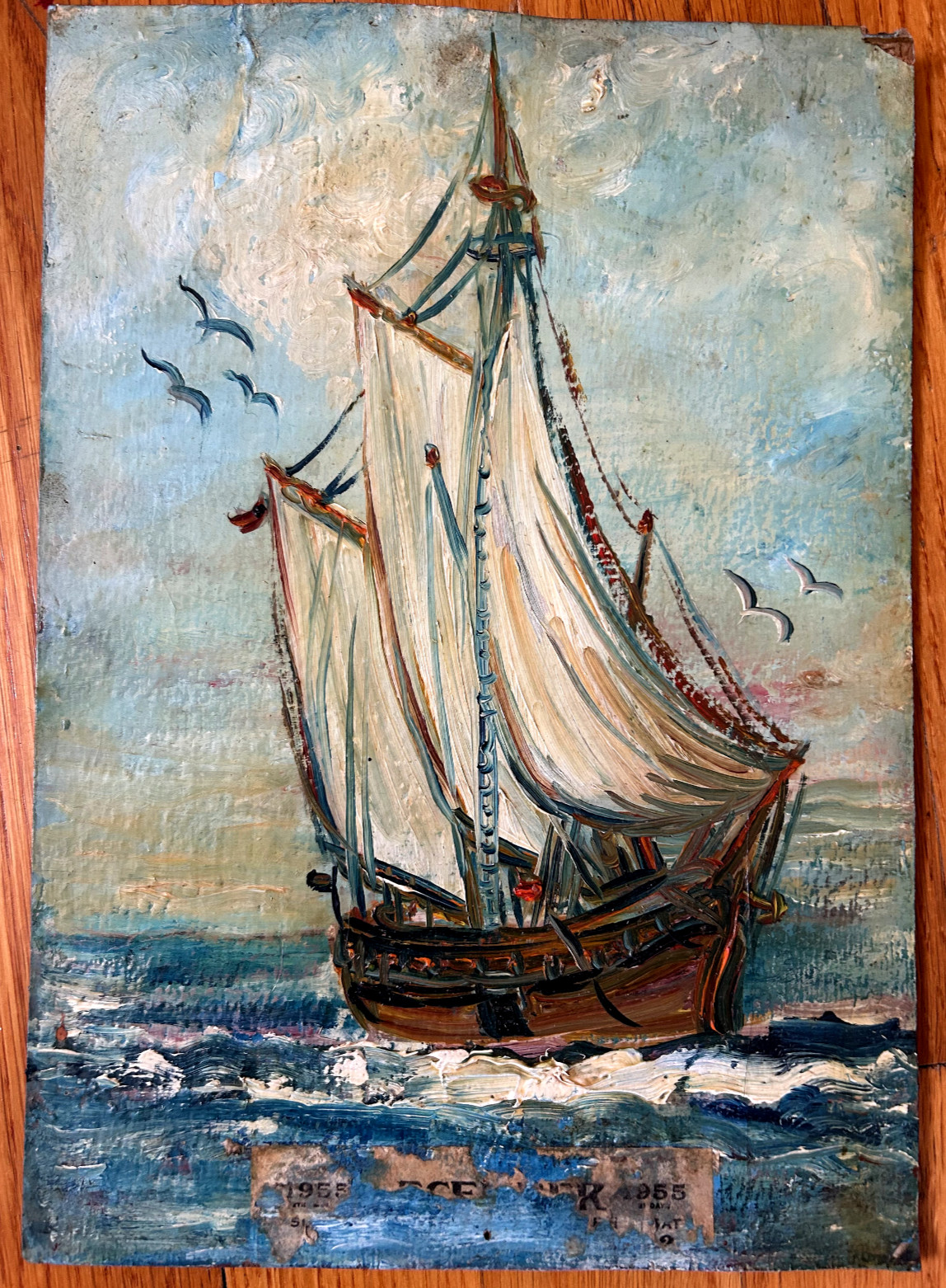 vtg sail boat oil PAINTING schooner ship mcm Estelle Barsden Clinton CT antique