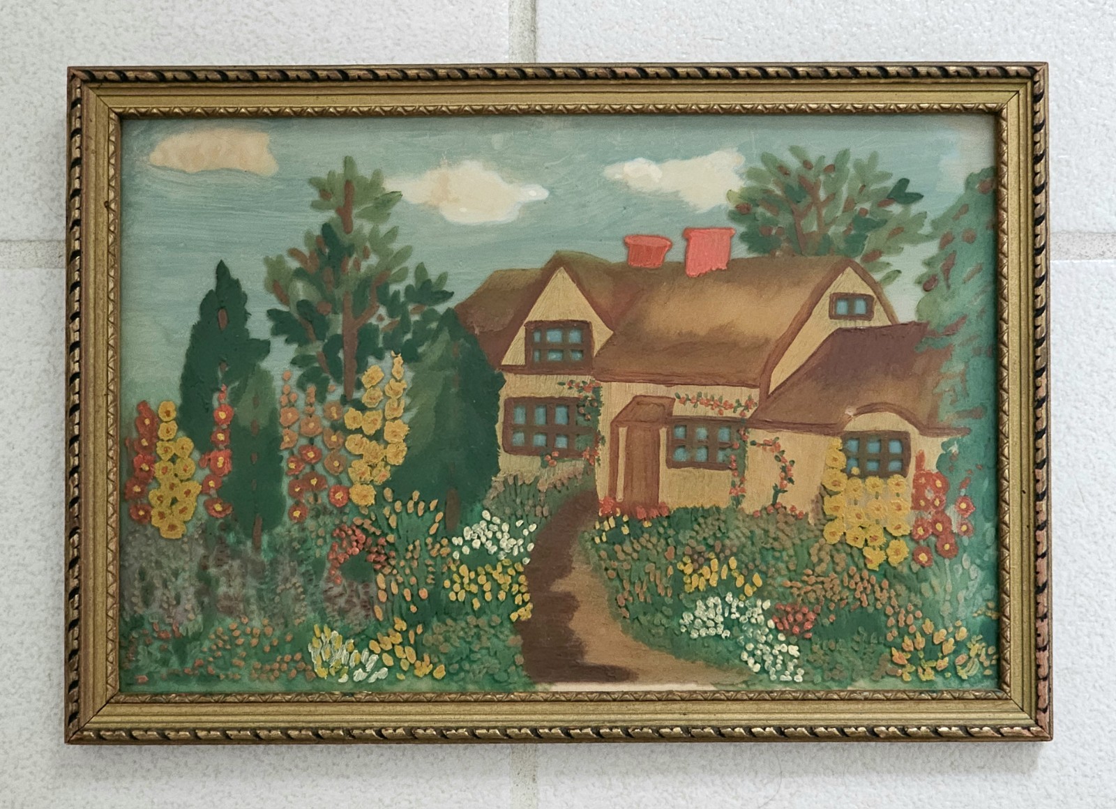 Rare 1930s FRONT OF GLASS PAINTING Cottage Country Garden Hollyhocks COTTAGECORE