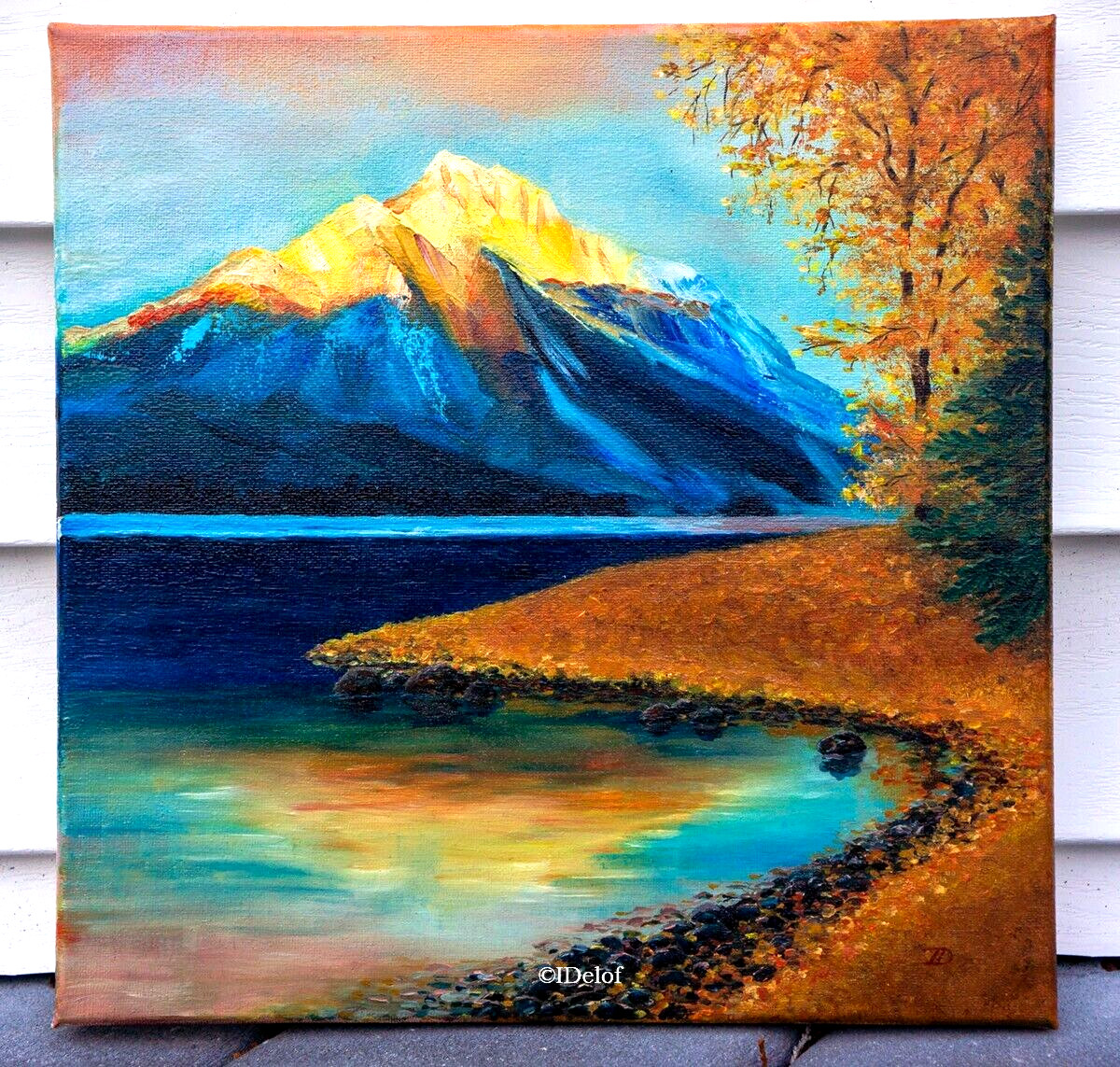 Original oil painting 12″ x12″ Autumn colors of Lake McDonald Montana I Delof