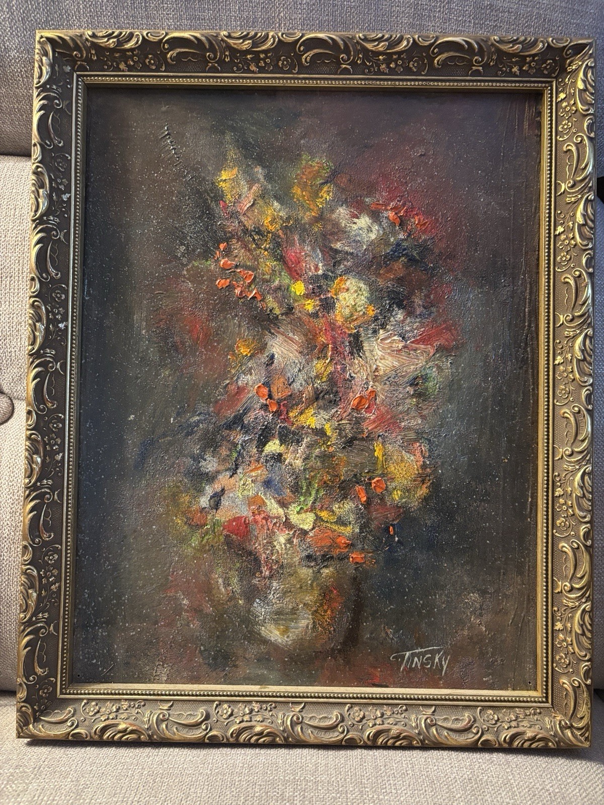 Tinsky Signed Abstract Oil Painting Framed Floral Art on Canvas Medium