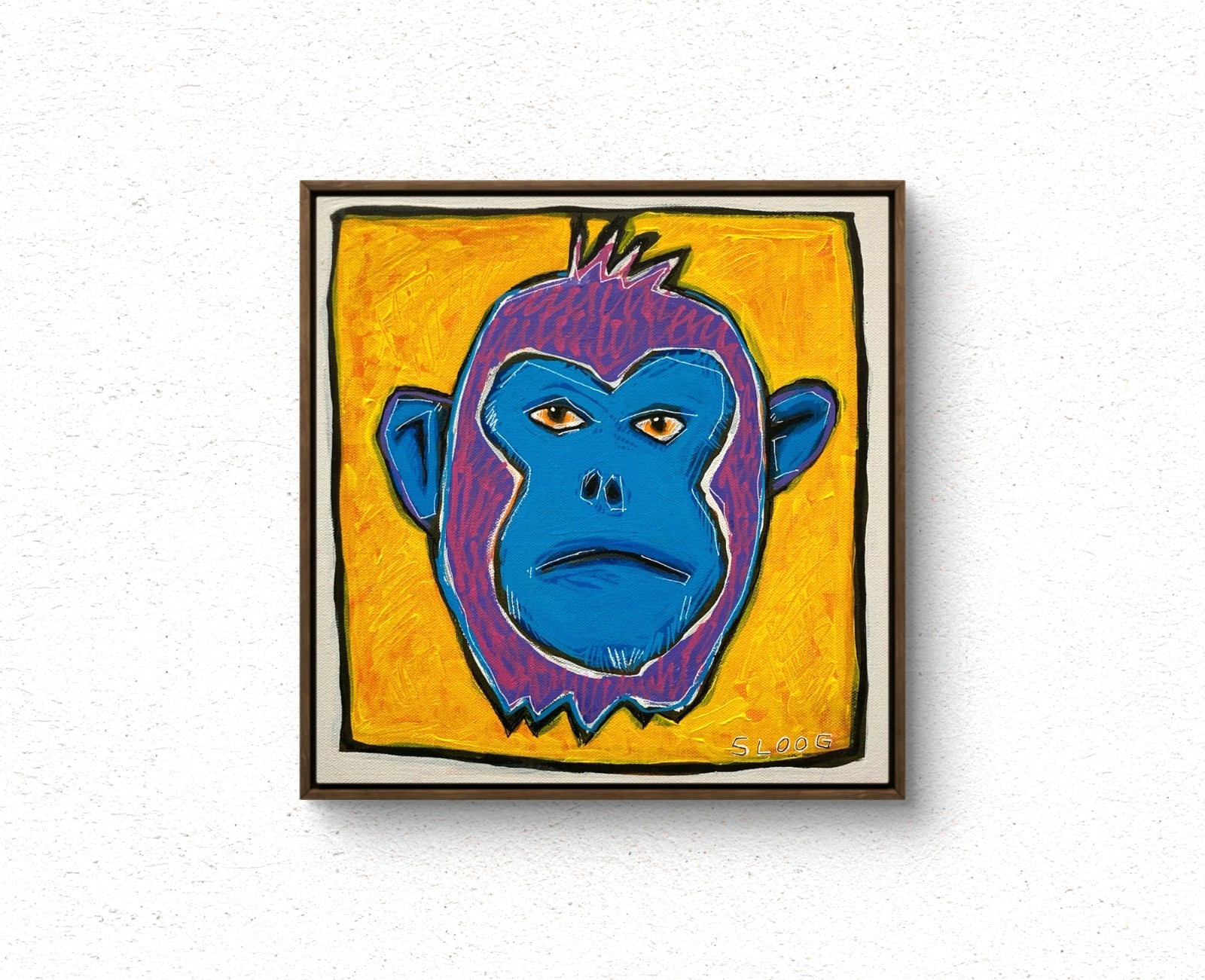 SLOOG Original Art Colorful Pop Art Painting on Canvas 12×12 Blue Monkey Face