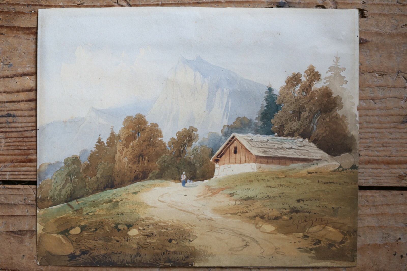 Charles Louis Guigon Watercolour Painting Landscape Swiss Alps Watercolor Signed