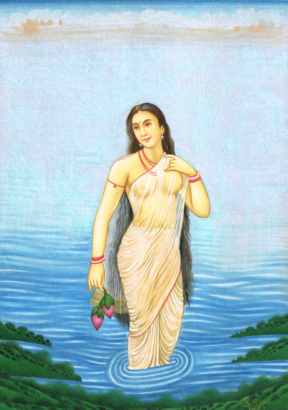 Lady Painting Of Semi Naked Woman In The Lake With Lotus On Paper 10×13.5 Inches