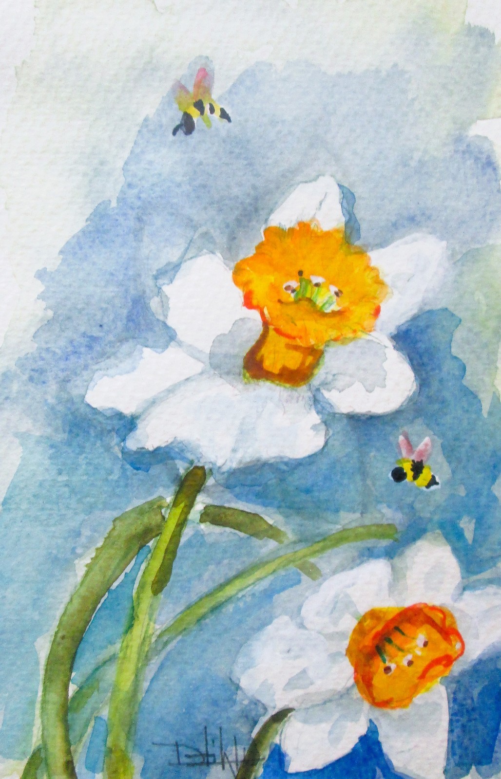 Delilah daffodils bee garden flower spring impressionism 9×6 watercolor