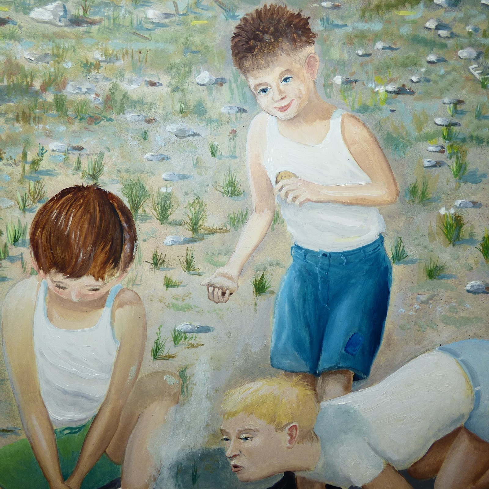 Large vintage depression era Bronx New York painting boys in slums Westchester