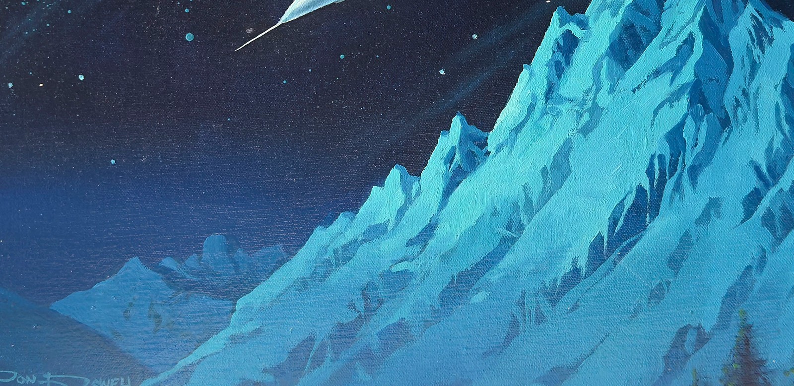 Spacecraft Over Mountain And Cosmic Sky – 20×24 inch oil painting on canvas