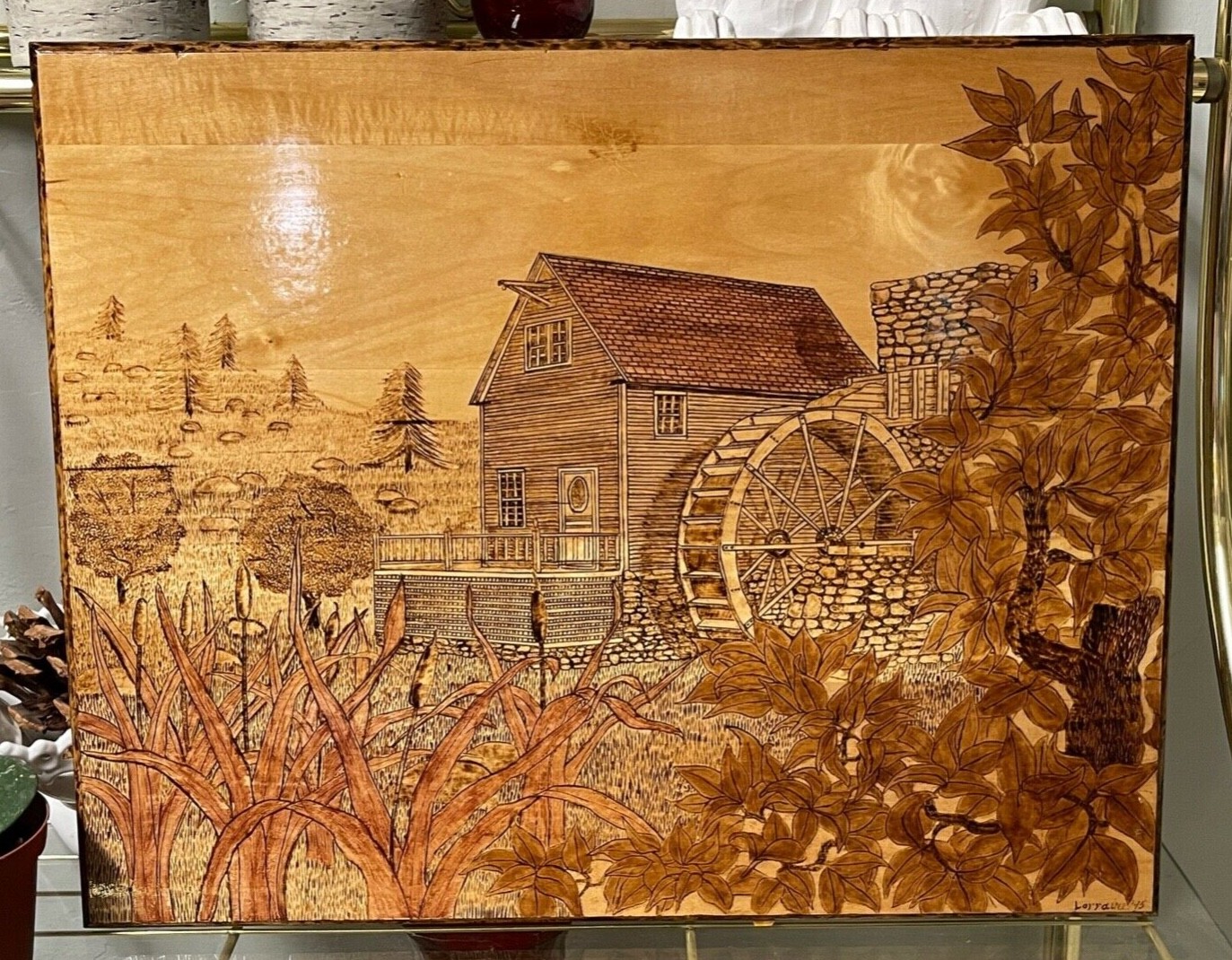 Large Pyrography Scottish Highlands Landscape Wood Burning Hand Made Folk Art