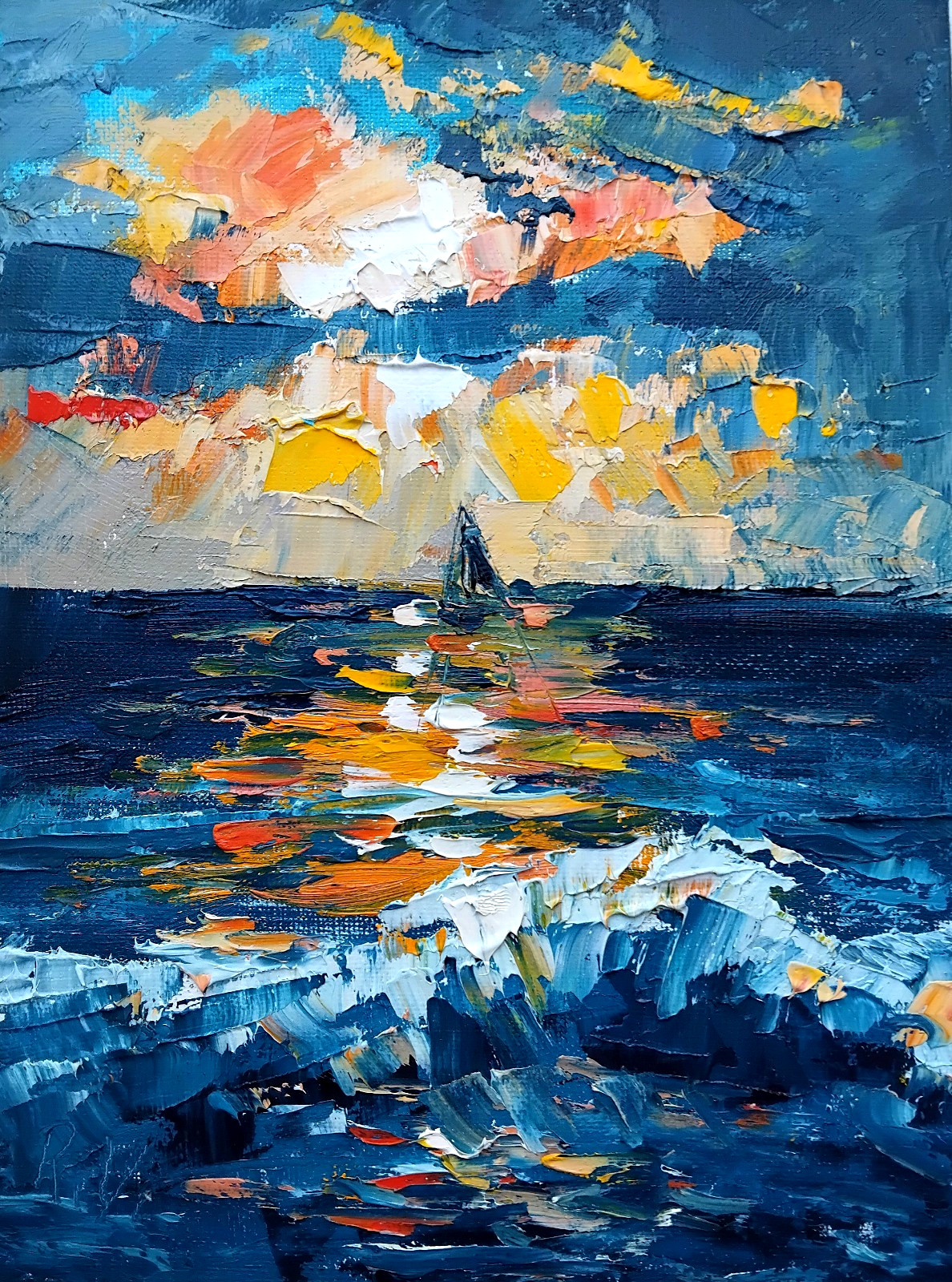 Ocean Sunset 7×9″ waves oil painting Handmade Original Seascape scenic artwork