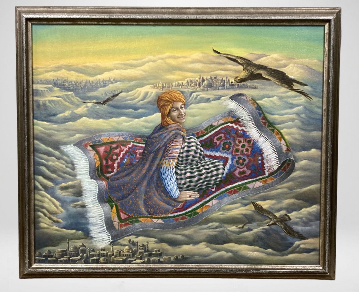 RARE Marjett Schille Original Acrylic Painting Fantasy Arab Sultan Flying Carpet