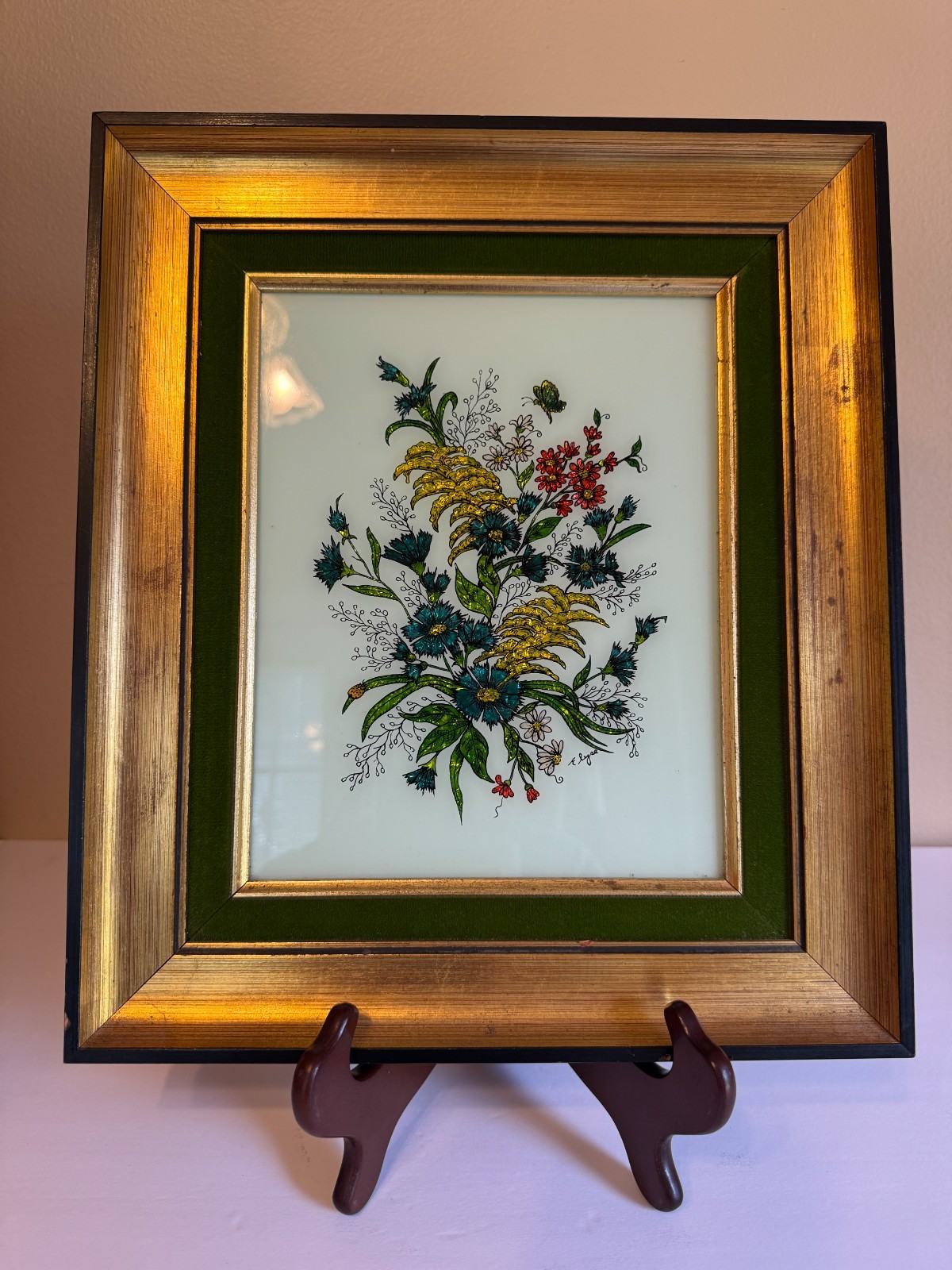 Vintage Reverse Glass Artwork, Floral, 12X14″ Framed