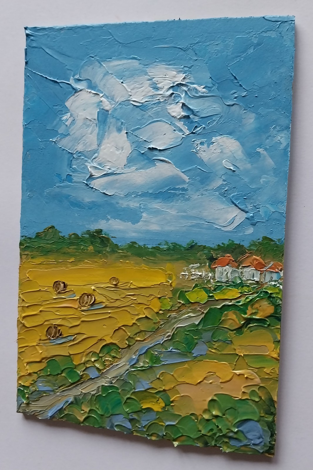 Framed Countryside Farmhouse Landscape Hay Bales Field 4×6 Original Oil Painting