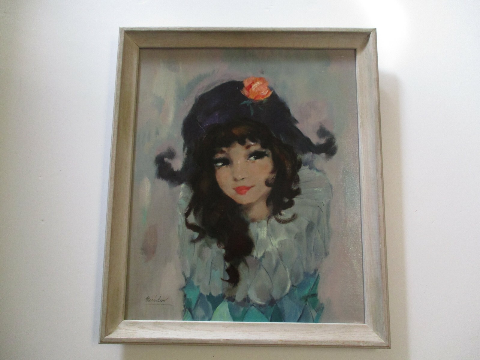 VINTAGE OIL PAINTING 1960’S BIG EYE WOMAN GIRL PORTRAIT JESTER CLOWN MODERNISM