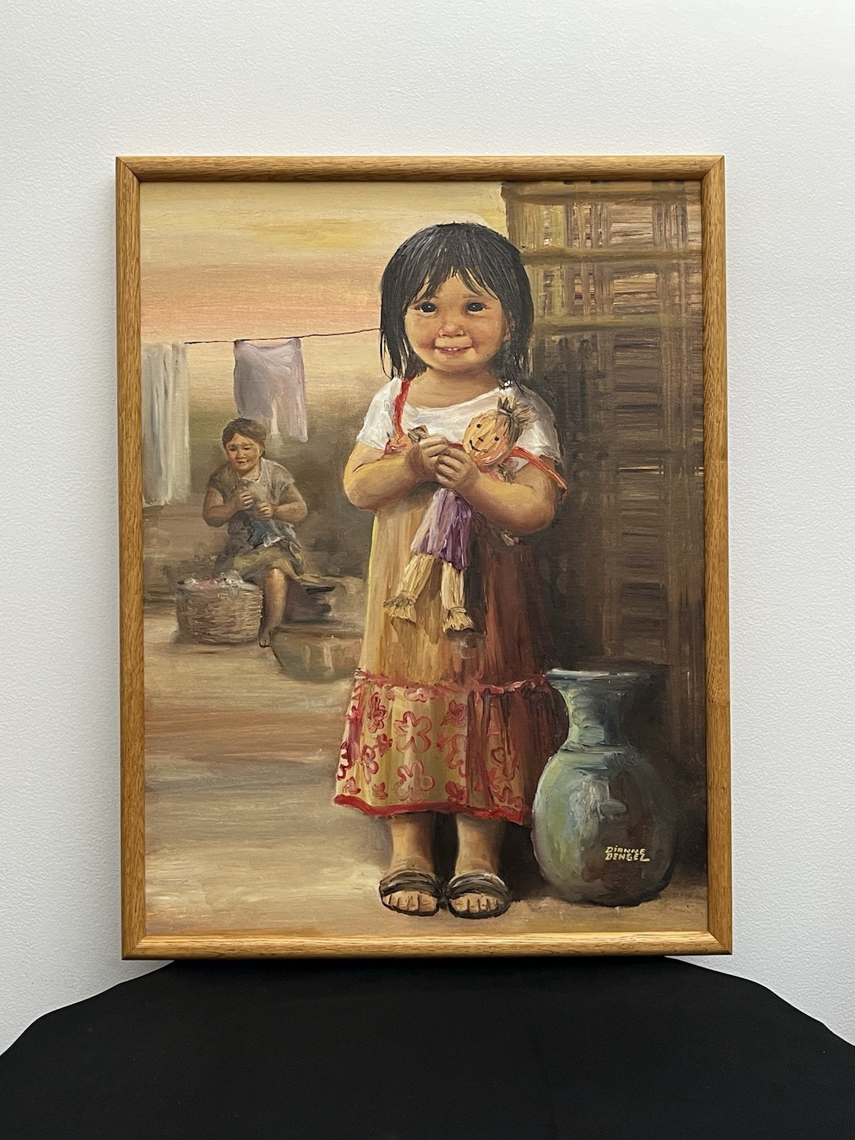 🟡 Dianne Dengel Native American Girl Corn Husk Doll Signed Painting 19”x25”