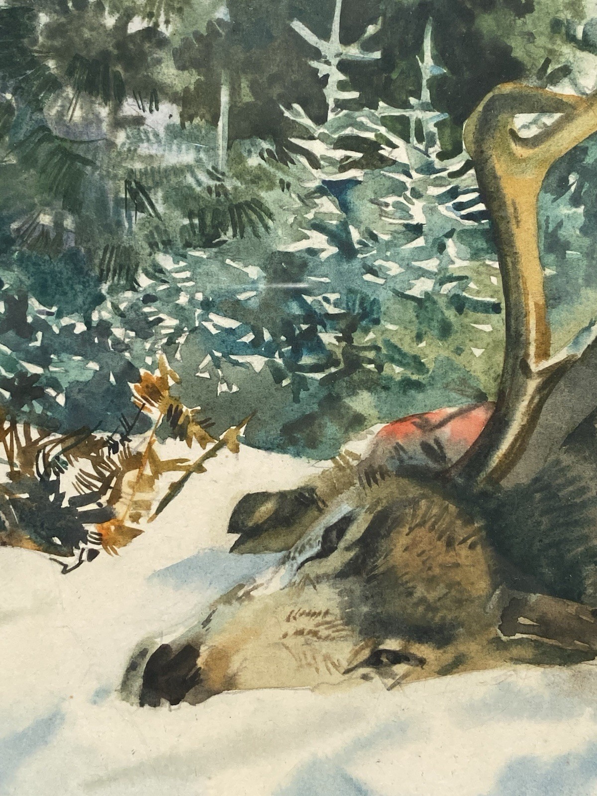 Signed Ukrainian Cougar Deer Watercolor Wildlife Winter Forest Painting 1992