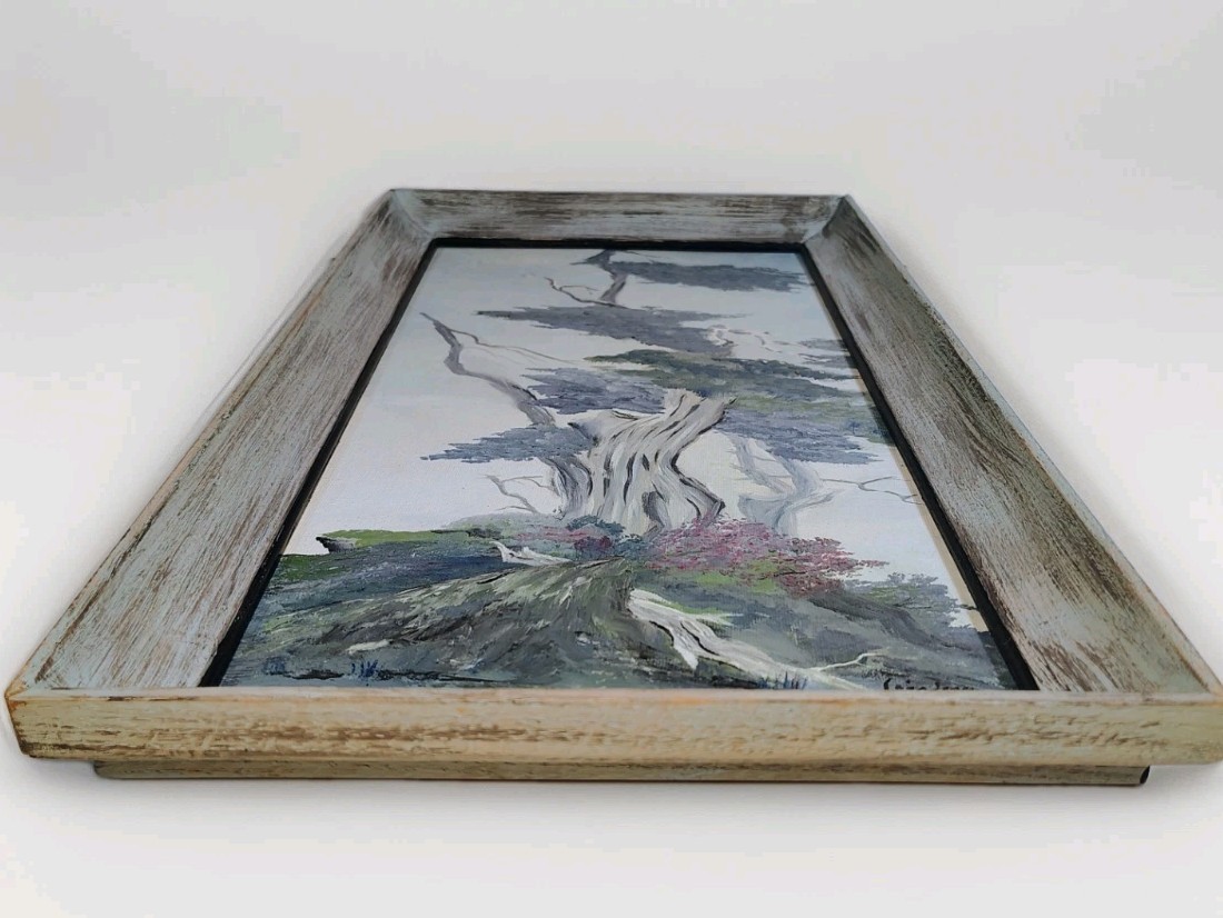 Mid-century Oil Painting Cypress Tree 8″x 16″ in Framed Panel Signed Schlegel