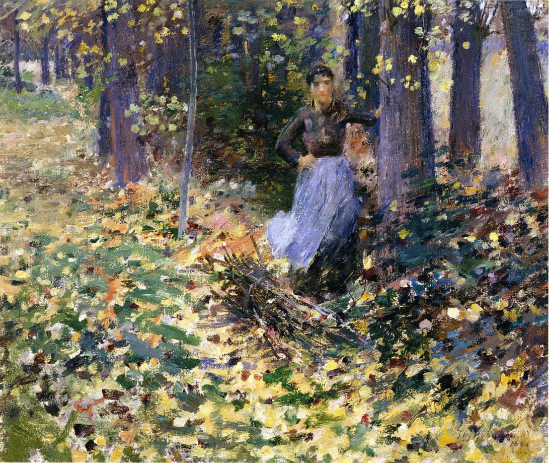Oil painting woman lady in landscape Autumn-Sunlight-Theodore-Robinson canvas
