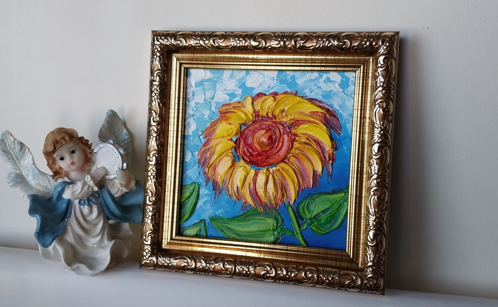 Framed Bright Sunflower Yellow Summer Flower 4×4″ Impasto Oil Painting Original
