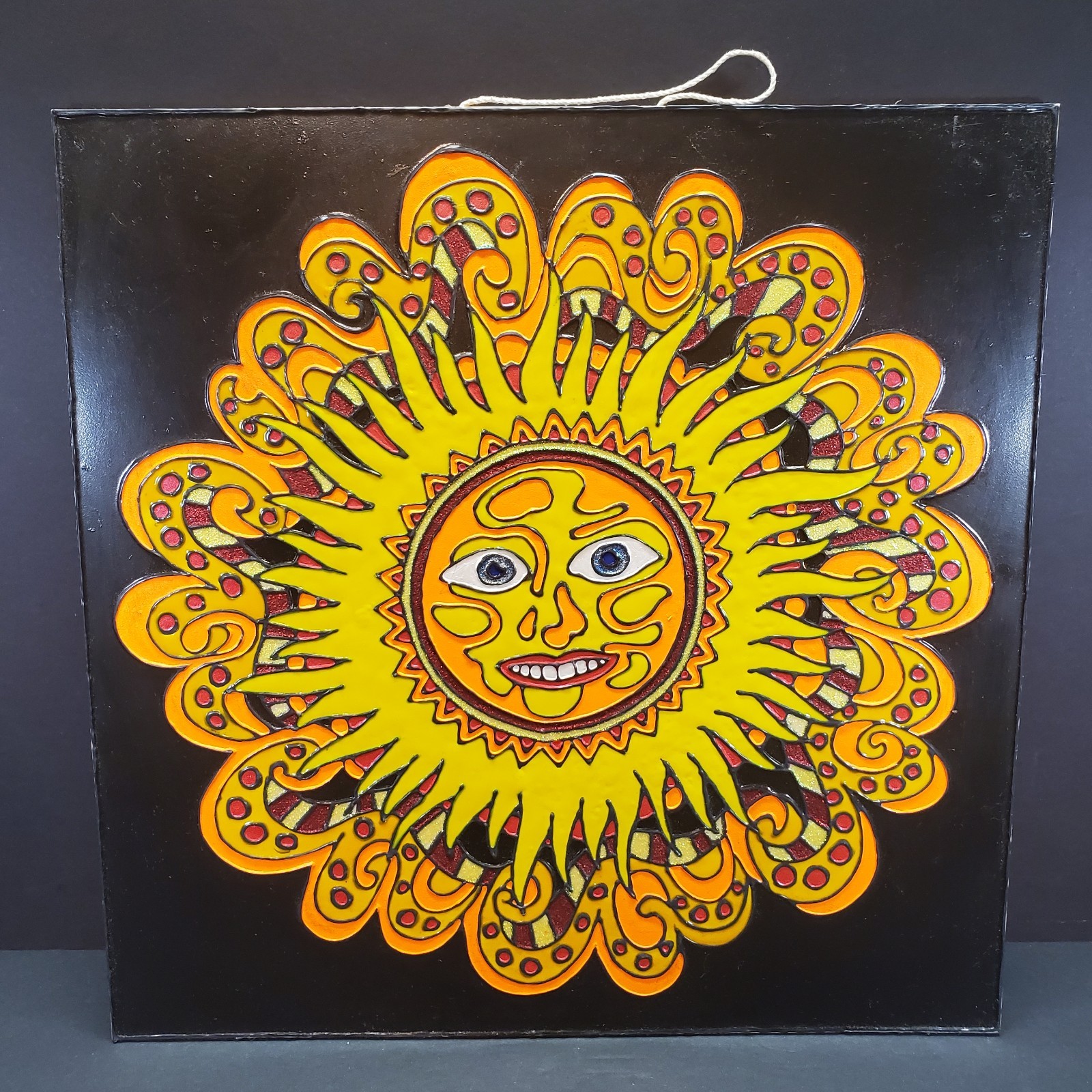Acrylic Art Painting Hand Crafted Sun with Face 15×15 Black Background Wall Art
