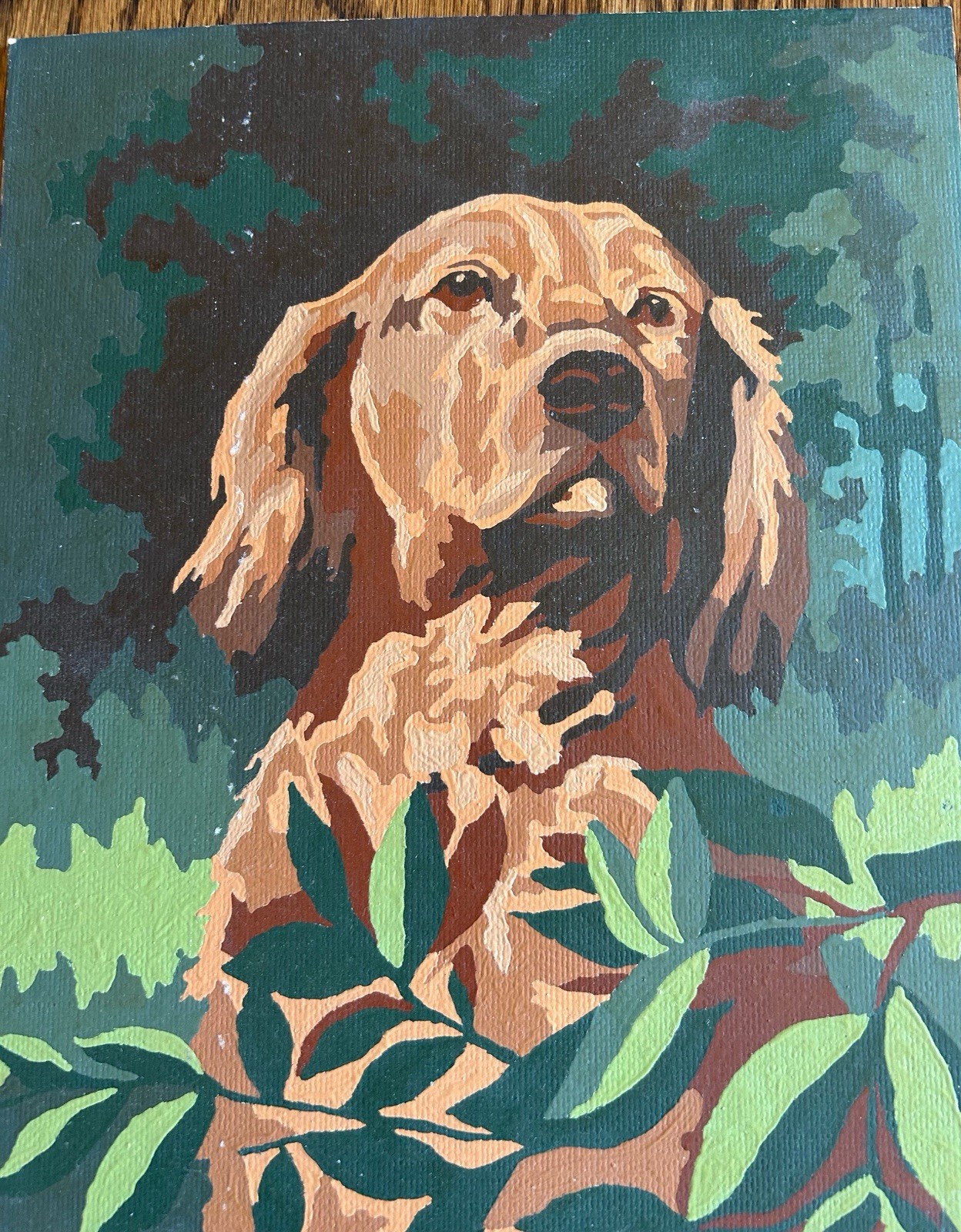 Vtg 8 X 10” Paint By Number Artwork. Golden Retriever Dog In Woods