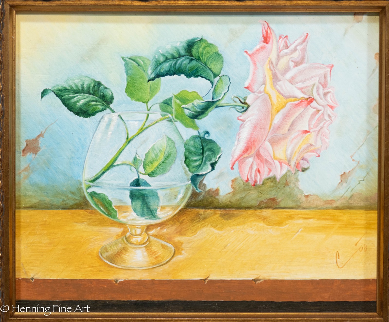 Stunning Oil Painting of Pink Rose in Glass Illegibly Signed, Fine! 16×18″