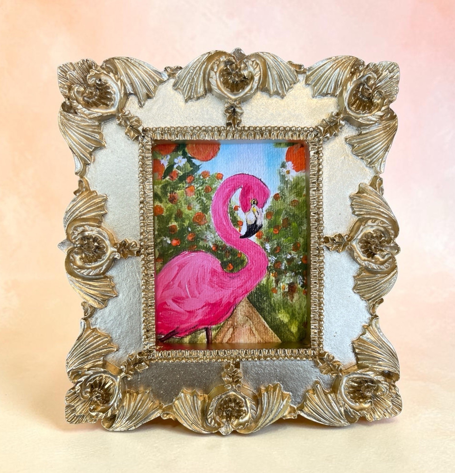 Pink Flamingo in Orange Grove watercolor print in mini vintage style frame