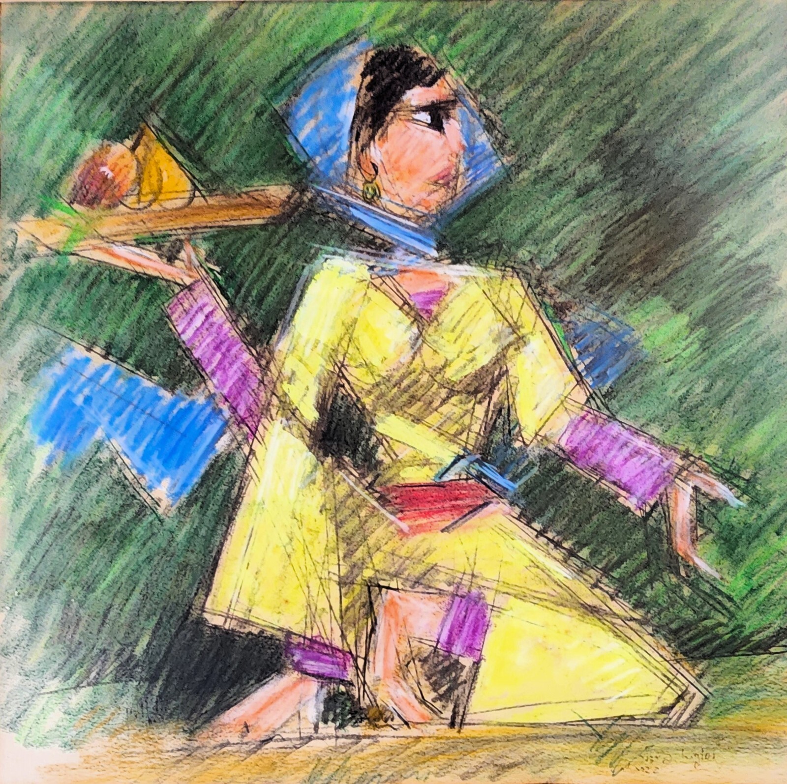 ARIE LUBIN (1897-1980, Pastel on Paper, A Women Offering A Fruit Basket, Signed
