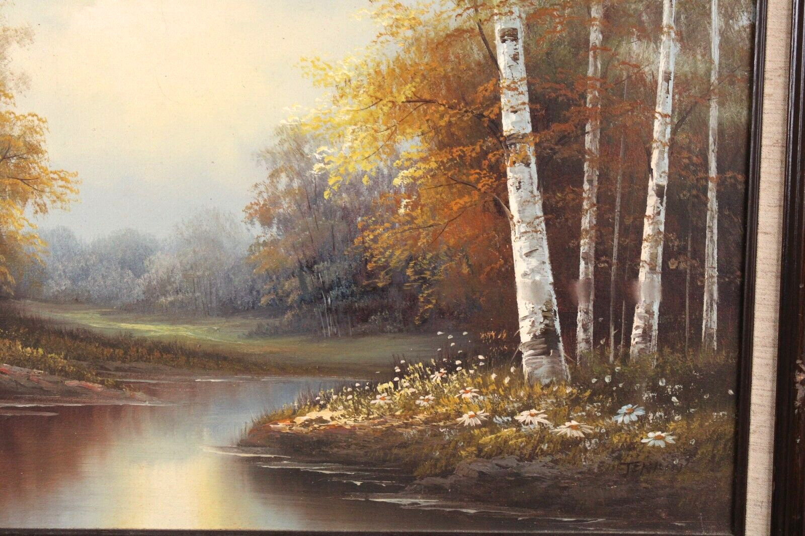 Vintage Forest Stream Landscape Scene Oil Painting On Canvas Signed Illegible