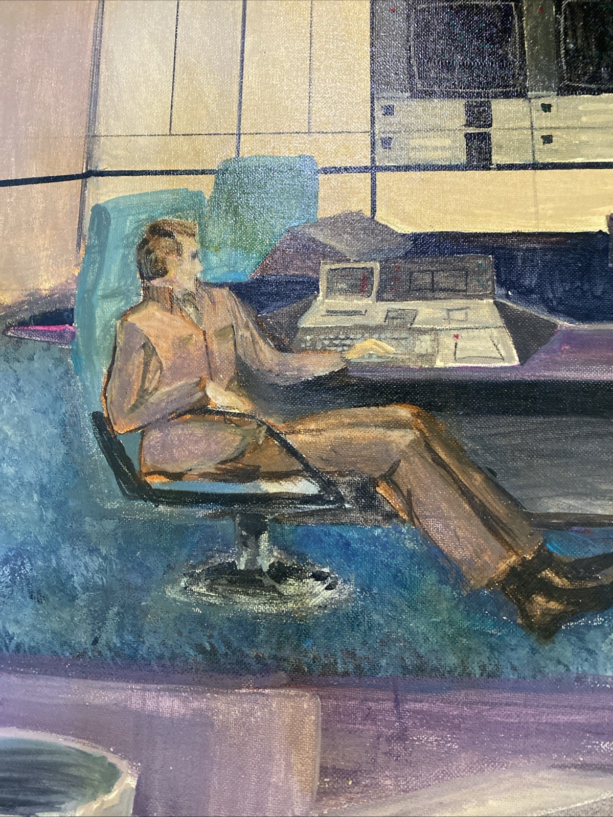 Original Vintage MCM inspired Command Center Technical Rendering Painting