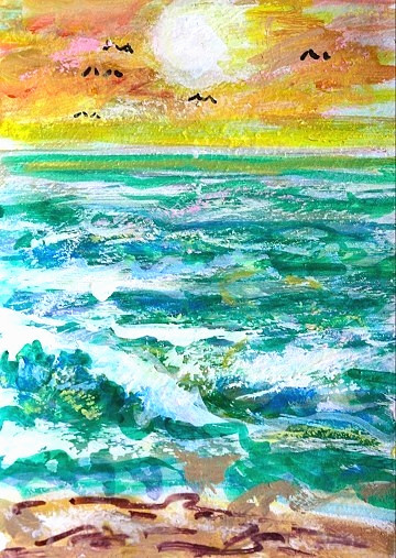 ORIGINAL ACEO Painting OCEAN Beach Waves Birds Sunset Summer Shore Sea ATC ART