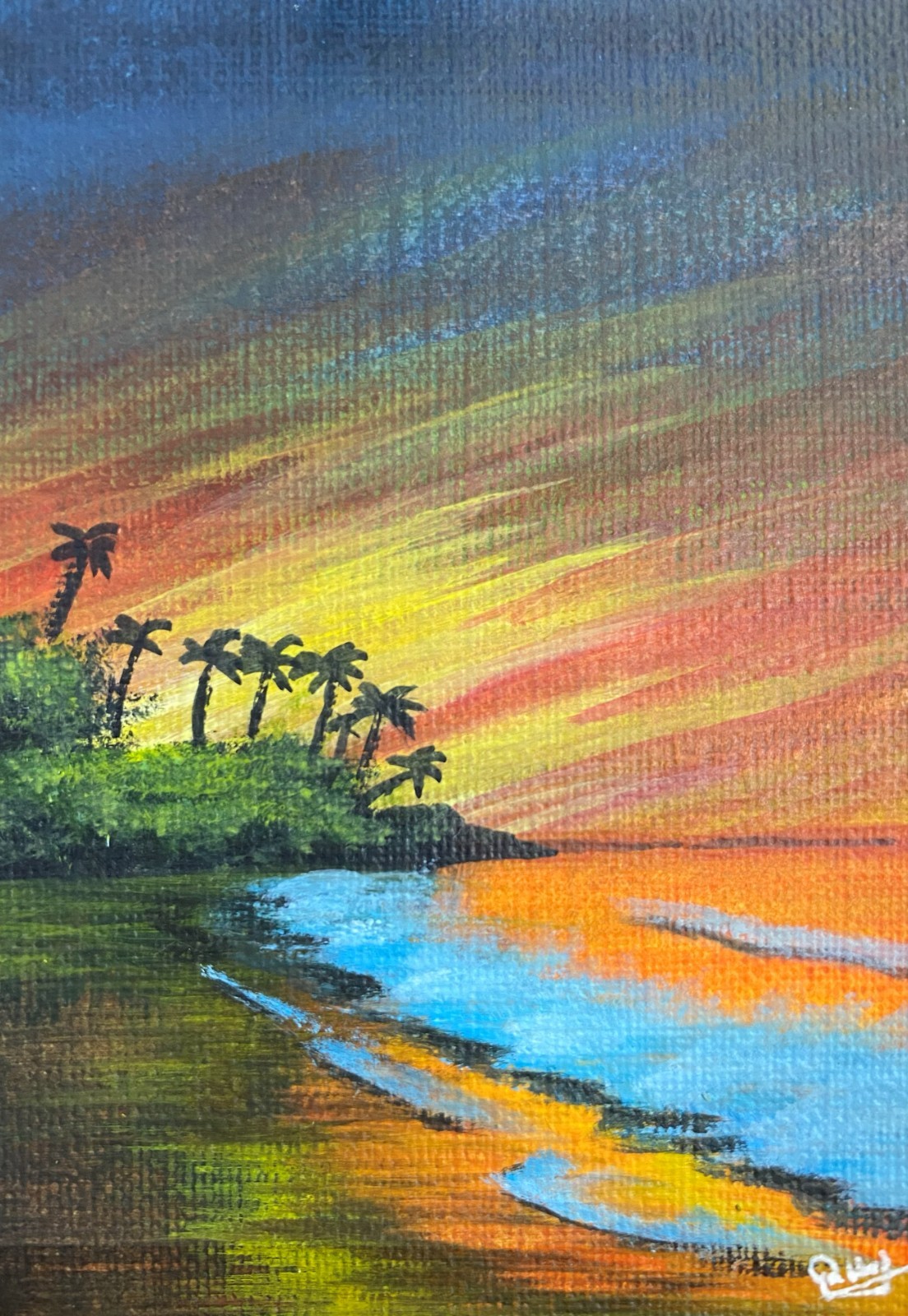 ACEO Acrylic Painting Sunset Beach Palms Ocean Waves Tropical Landscape Art
