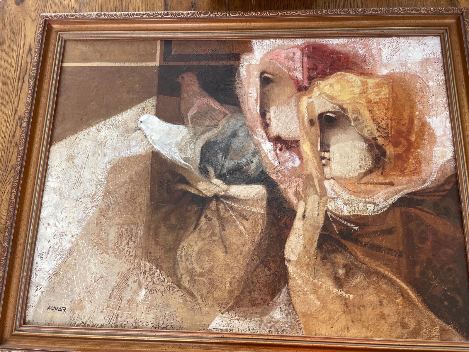 Framed «COUPLE» Alvar Painting, Browns, tan and rose accents. Size 22″ x 29″