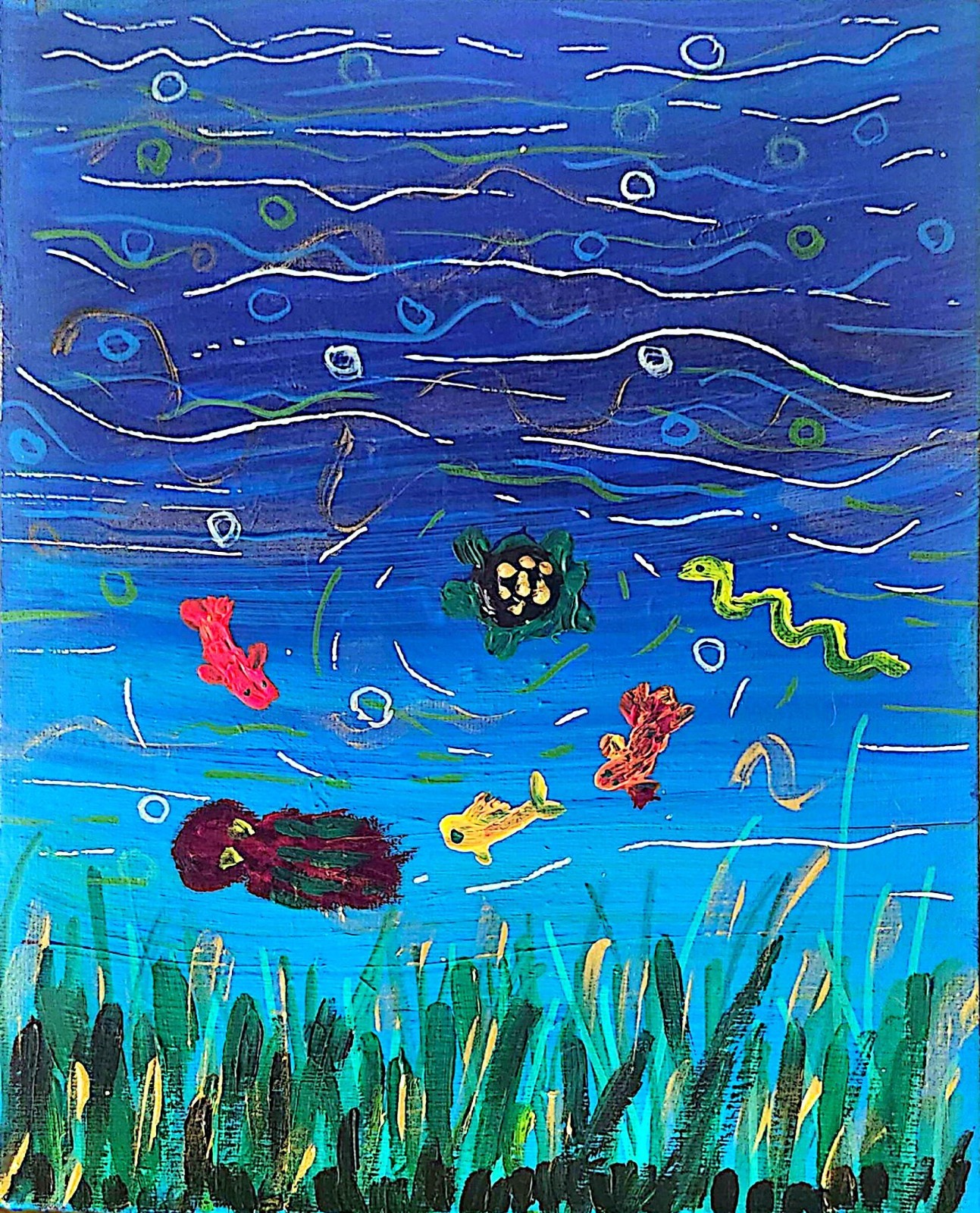 Koi Turtle Pond Acrylic Painting Whimsical Lake Art Original 8×10